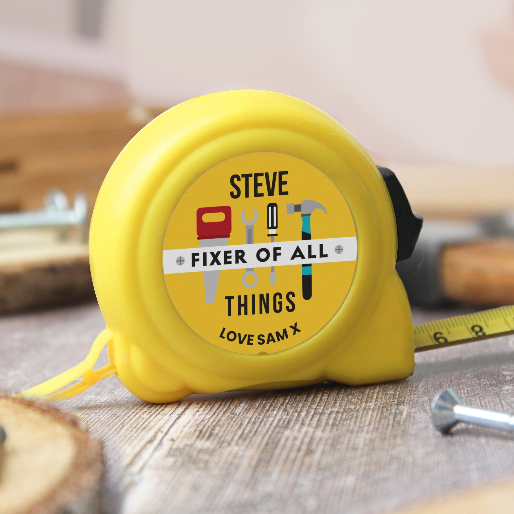 Personalised Fixer of All Things Tape Measure: 3 - Tools & Storage By Gift Moments
