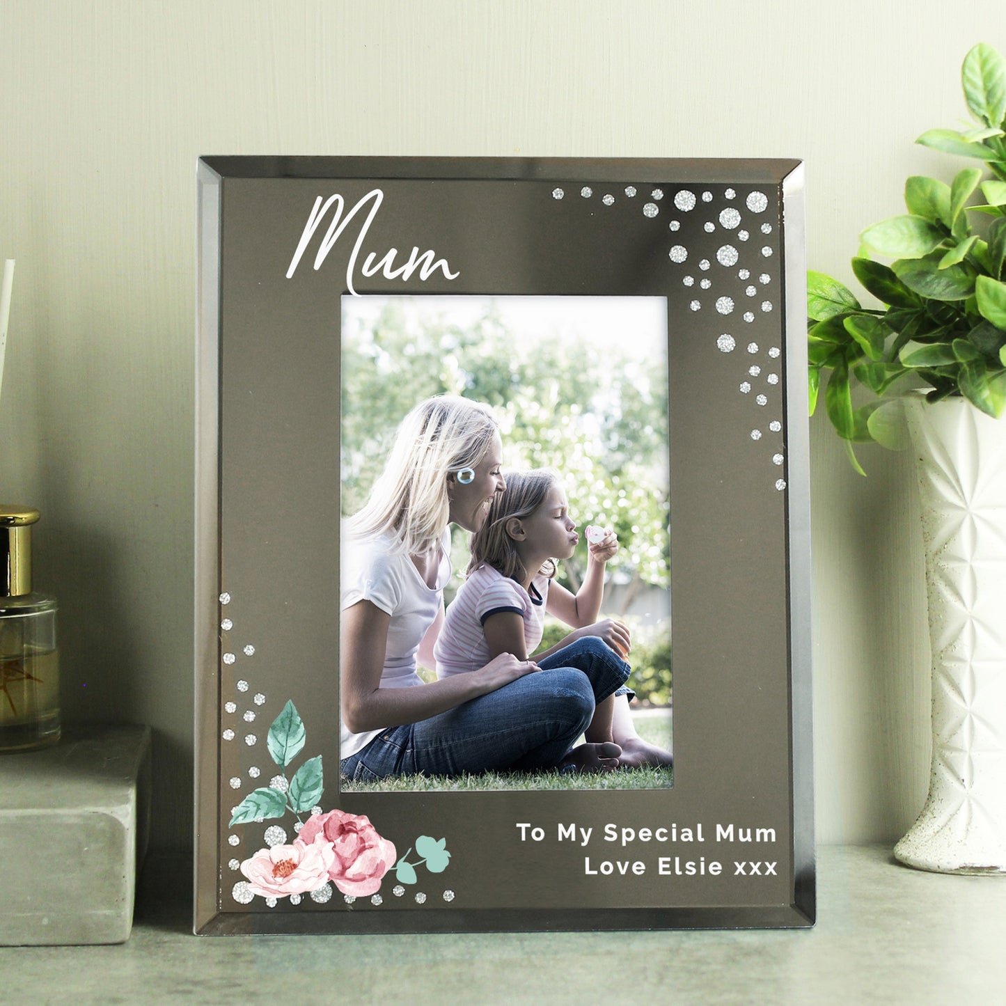 Personalised Floral 6x4 Diamante Glass Photo Frame: 1 - Photo Frames By Gift Moments