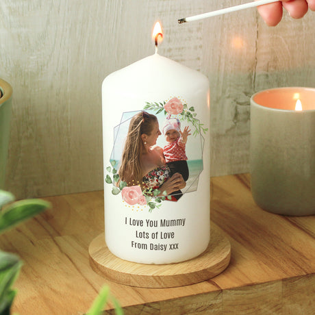 Personalised Floral Abstract Photo Upload Pillar Candle: 1 - Candles By Gift Moments