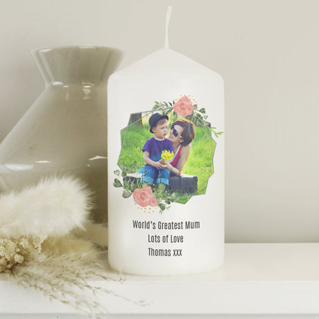 Personalised Floral Abstract Photo Upload Pillar Candle: 2 - Candles By Gift Moments