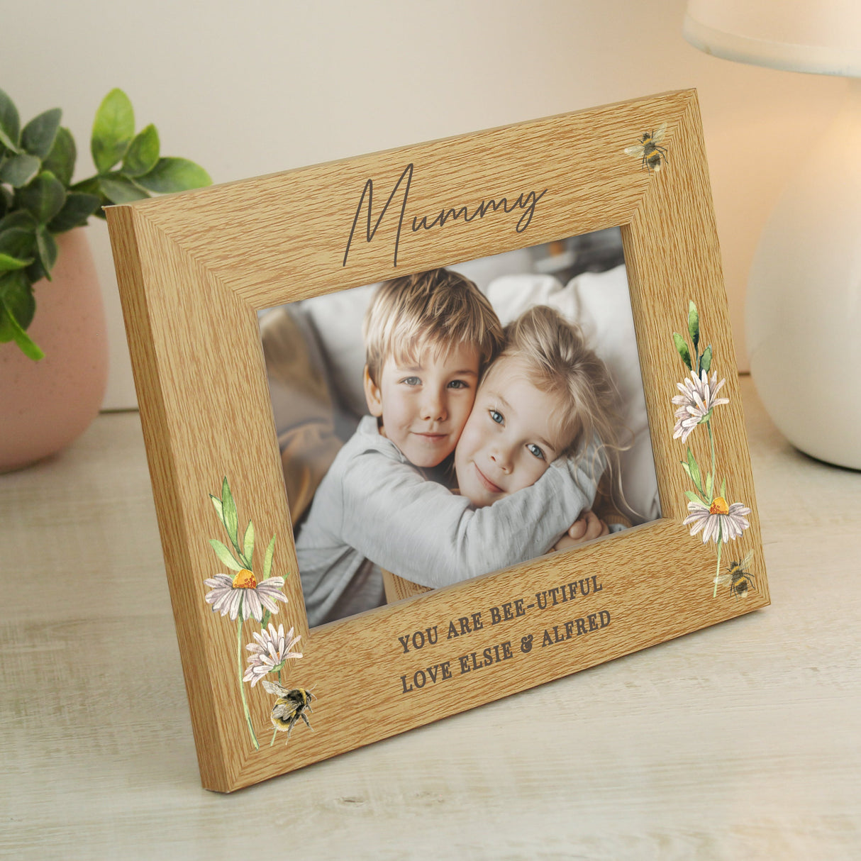 Personalised Floral Bee 6x4 Oak Finish Photo Frame: 2 Photo Frames By Gift Moments