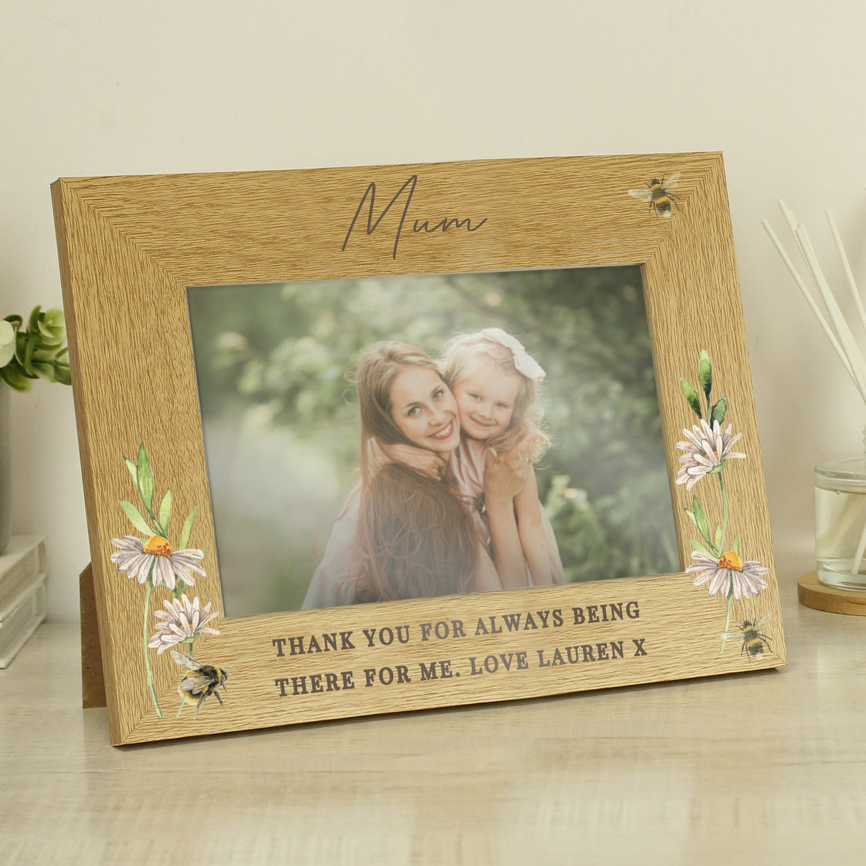 Personalised Floral Bee 6x4 Oak Finish Photo Frame: 3 Photo Frames By Gift Moments