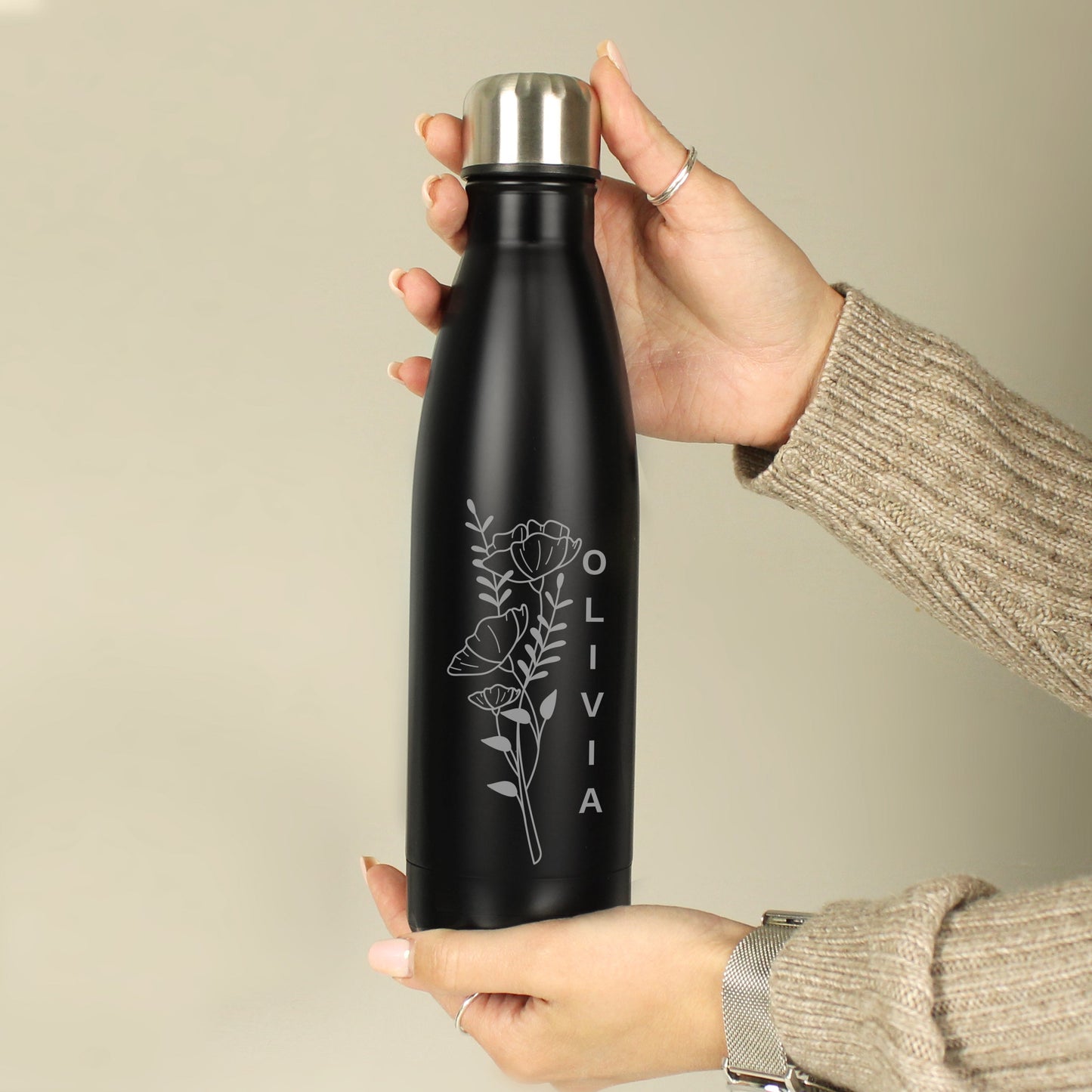 Personalised Floral Black Metal Insulated Drinks Bottle: 6 - Water Bottles By Gift Moments