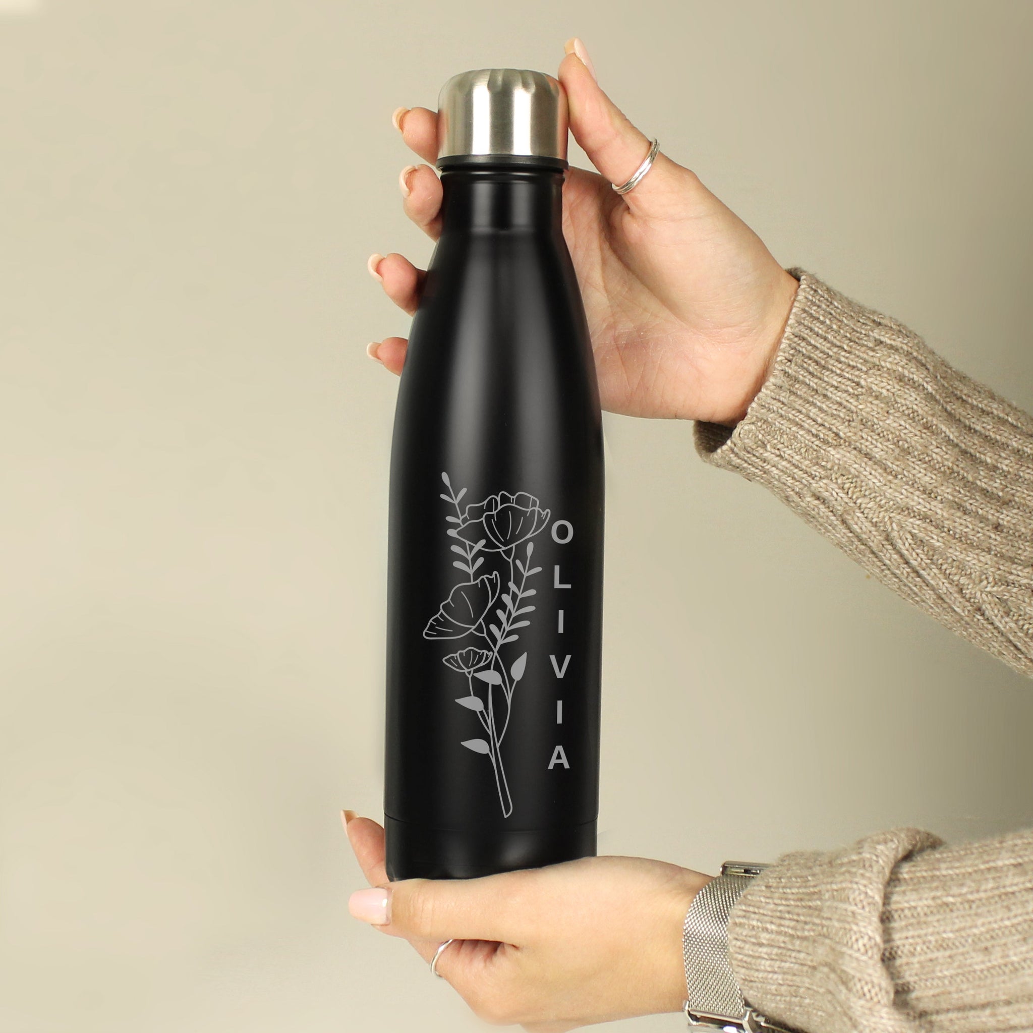 Personalised Floral Black Metal Insulated Drinks Bottle: 6 - Water Bottles By Gift Moments