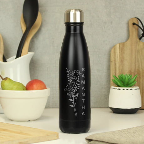 Personalised Floral Black Metal Insulated Drinks Bottle: 1 - Water Bottles By Gift Moments