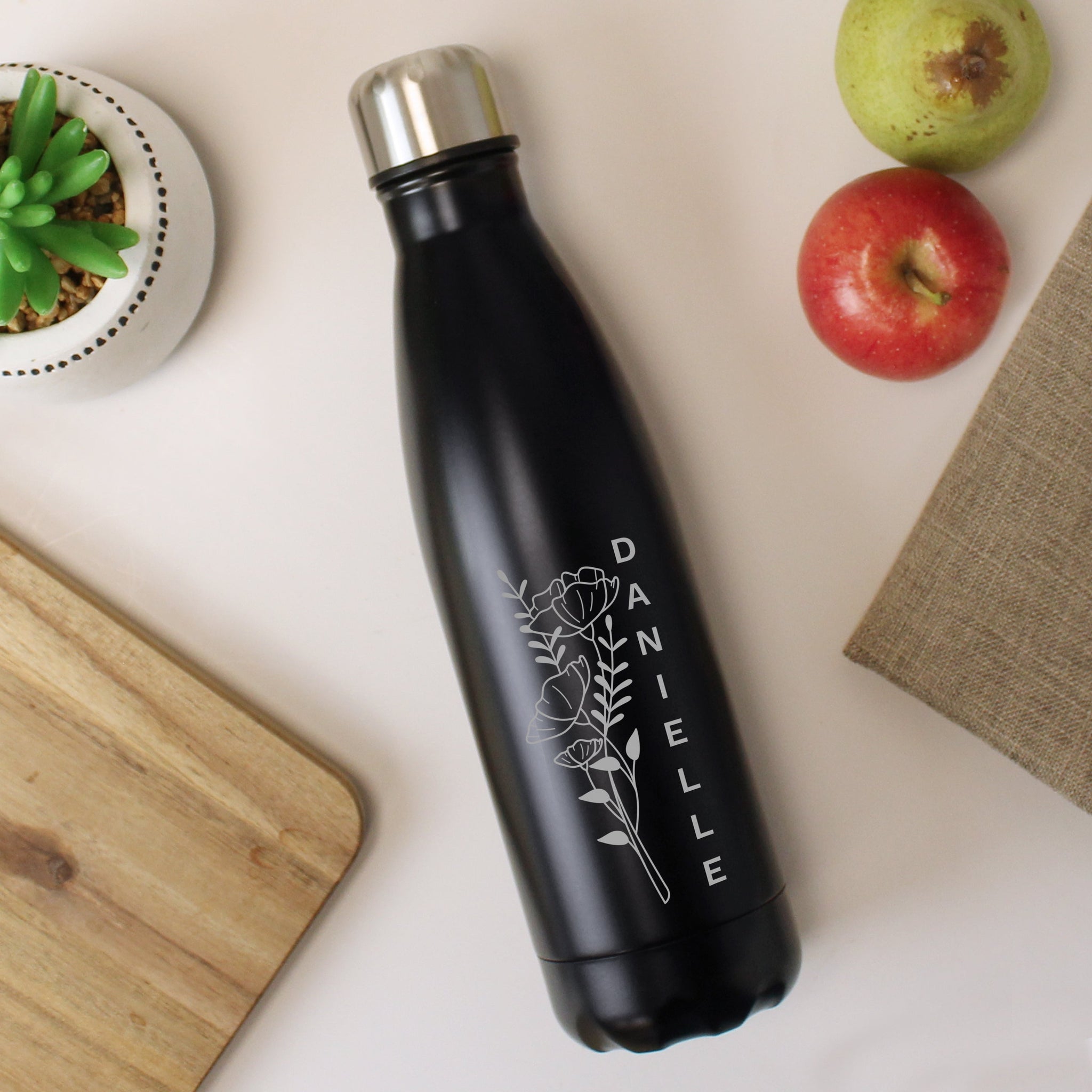 Personalised Floral Black Metal Insulated Drinks Bottle: 2 - Water Bottles By Gift Moments
