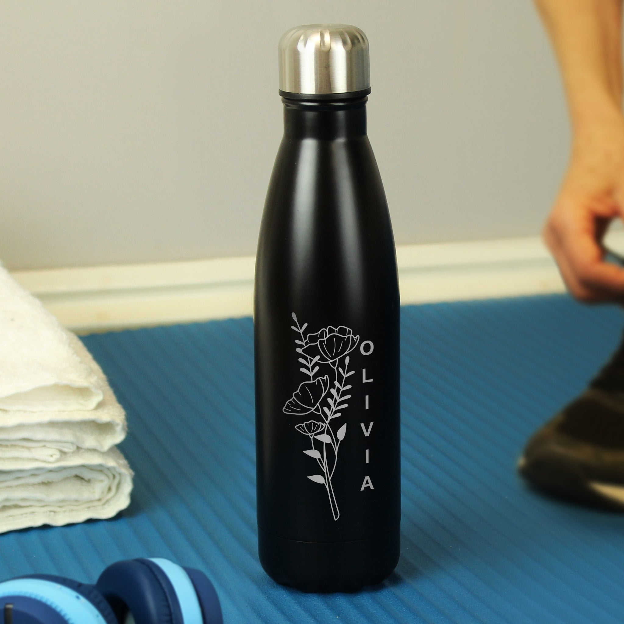 Personalised Floral Black Metal Insulated Drinks Bottle: 4 - Water Bottles By Gift Moments