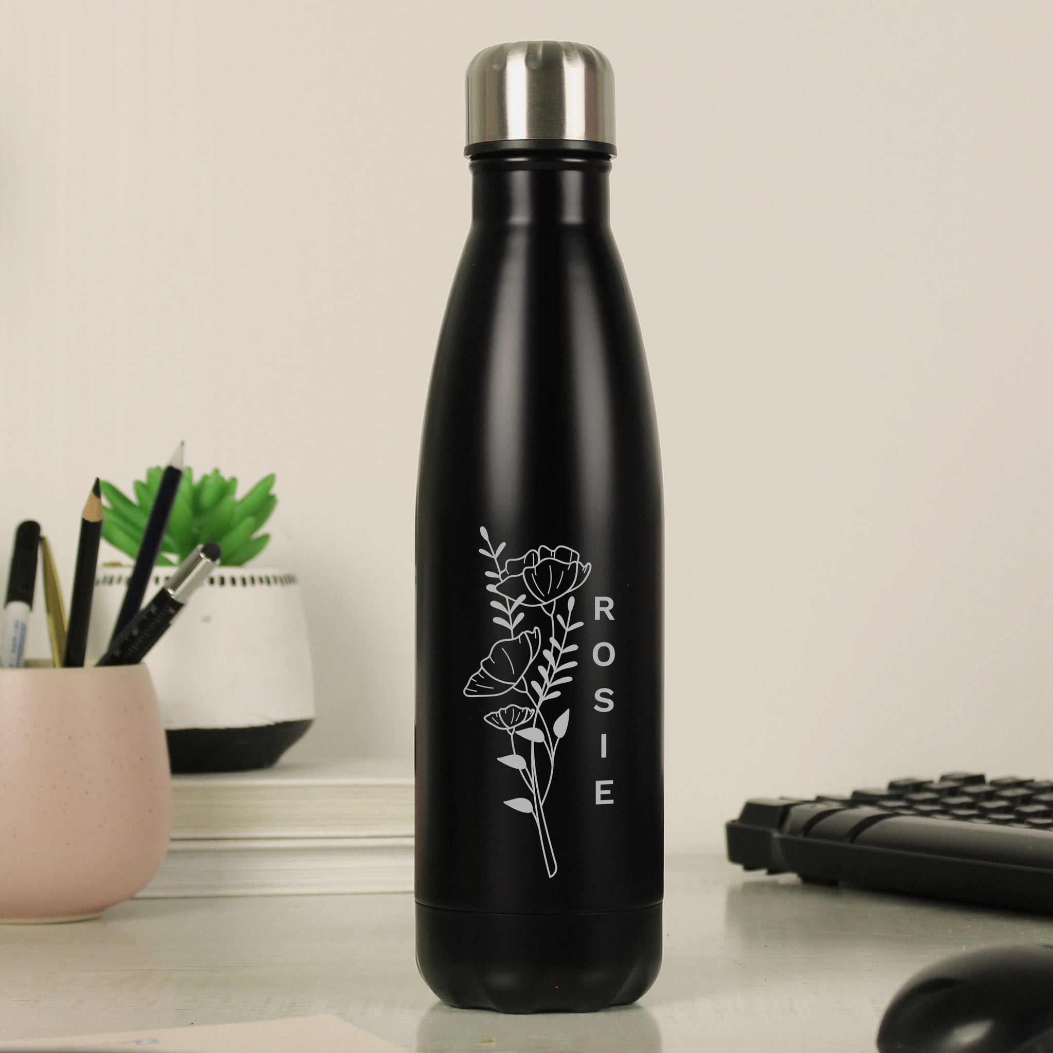 Personalised Floral Black Metal Insulated Drinks Bottle: 3 - Water Bottles By Gift Moments