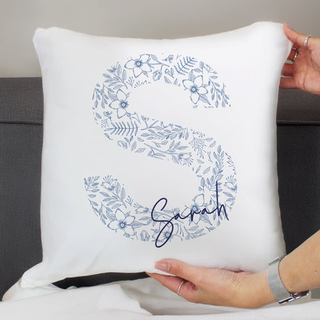 Personalised Floral Blue Initial Cushion: 2 - Cushions By Gift Moments