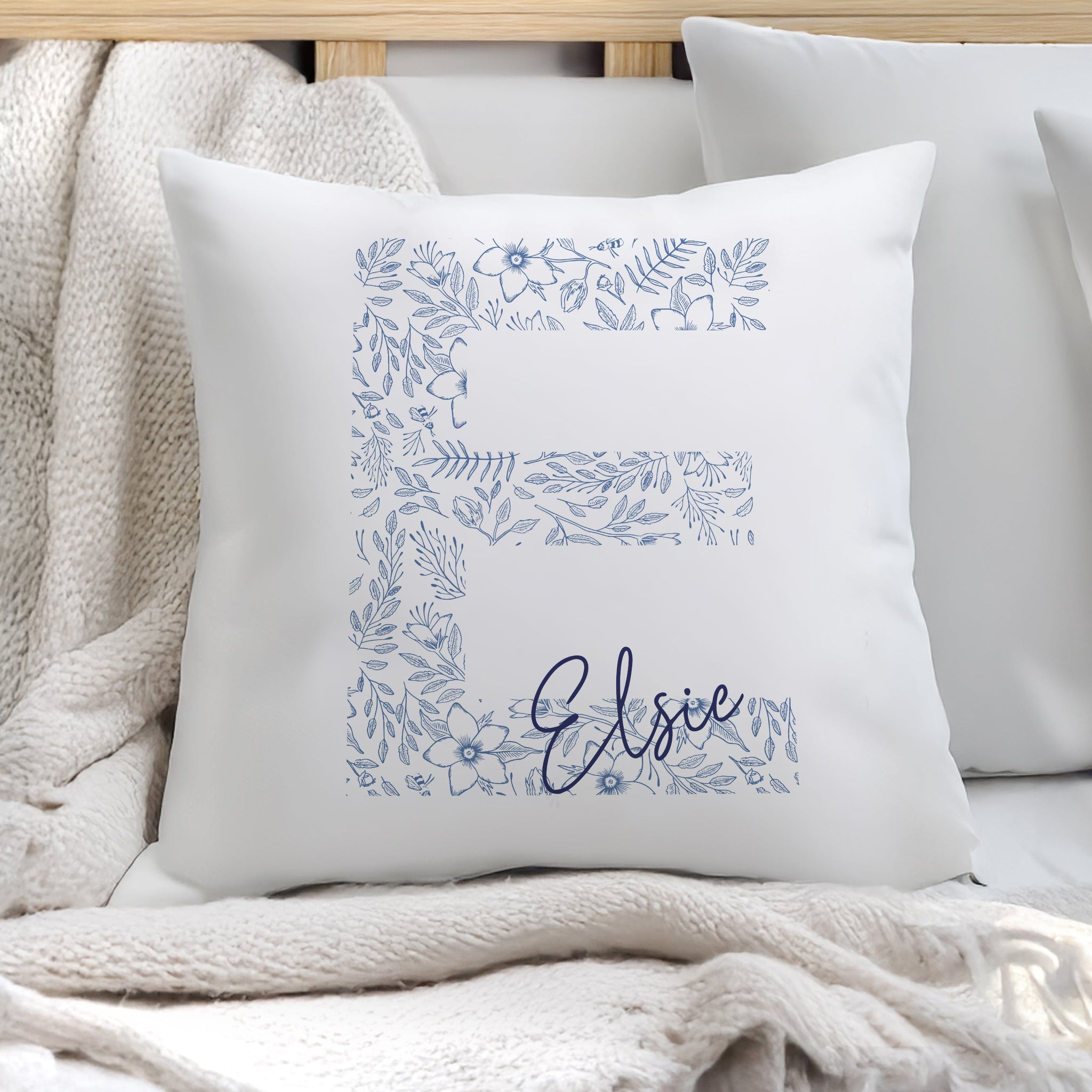 Personalised Floral Blue Initial Cushion: 1 - Cushions By Gift Moments