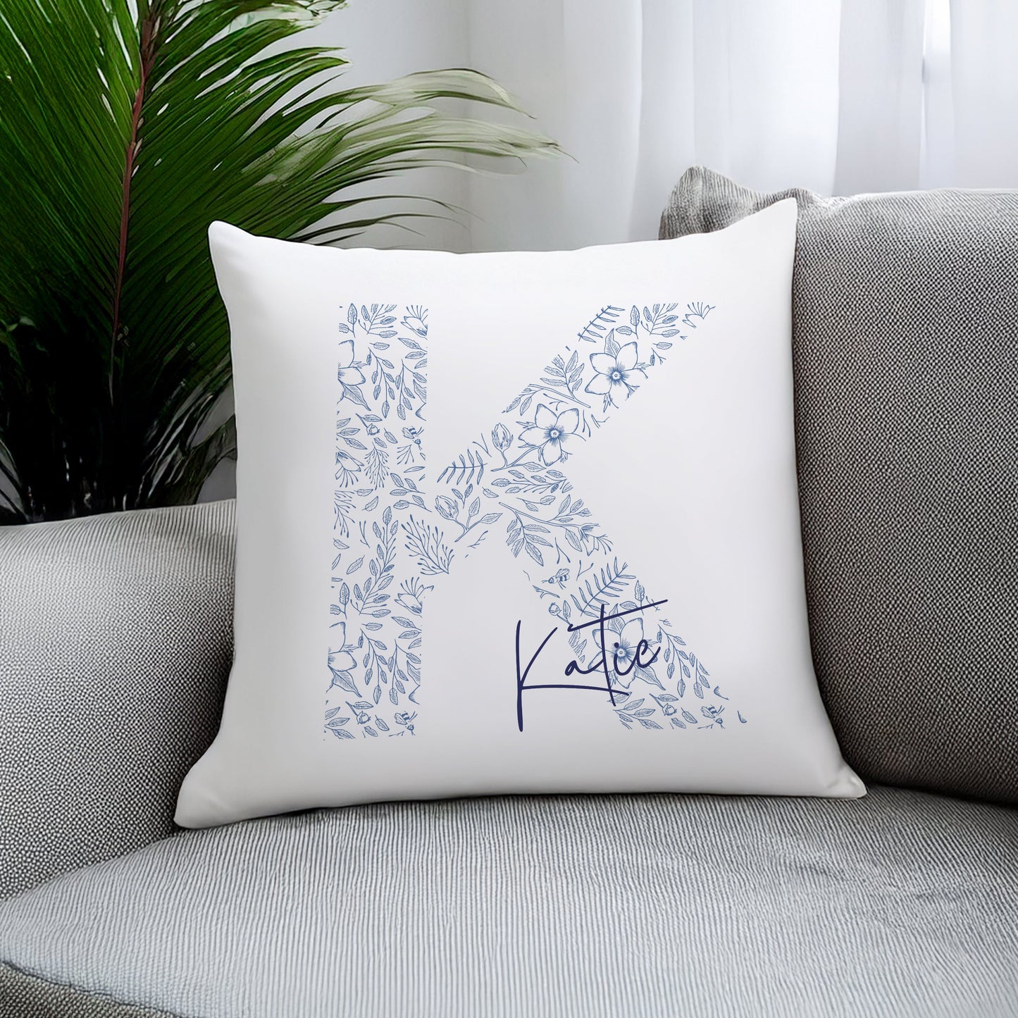 Personalised Floral Blue Initial Cushion: 3 - Cushions By Gift Moments
