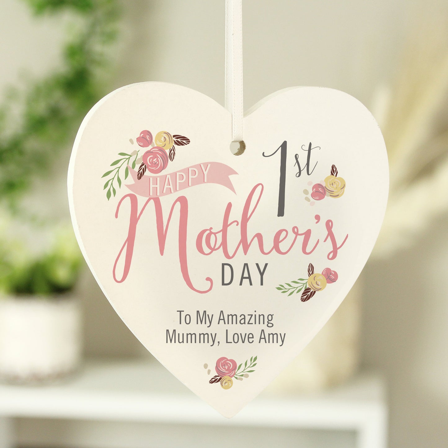 Personalised Floral Bouquet 1st Mothers Day Wooden Heart Decoration: 2 - Decorations By Gift Moments