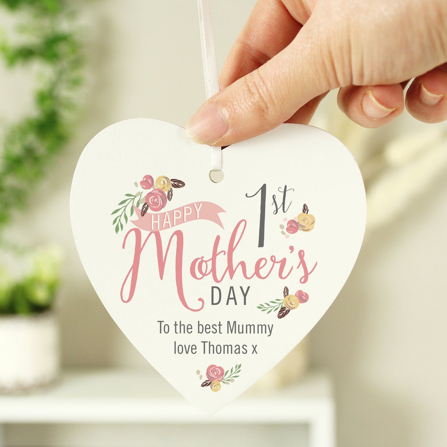 Personalised Floral Bouquet 1st Mothers Day Wooden Heart Decoration: 1 - Decorations By Gift Moments