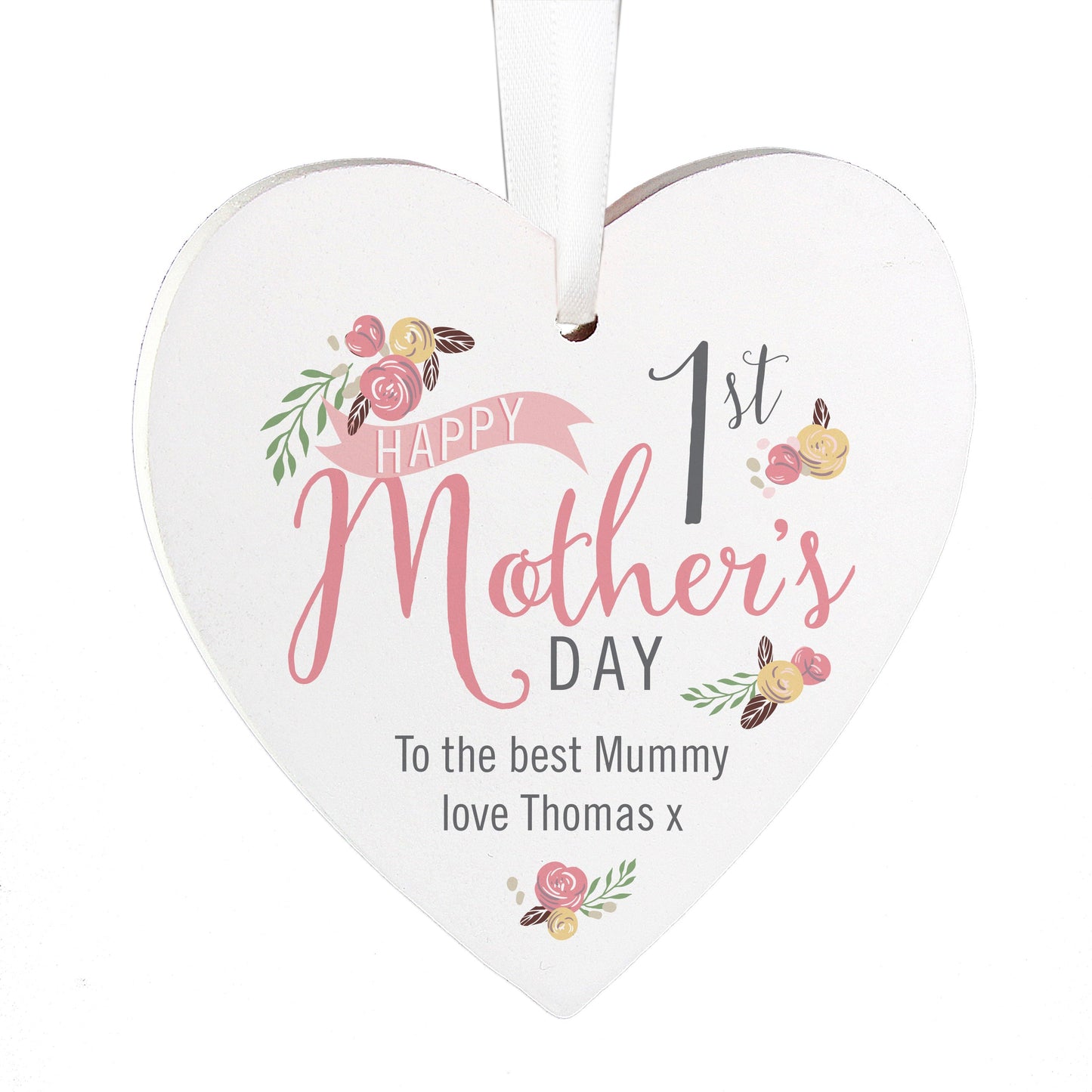 Personalised Floral Bouquet 1st Mothers Day Wooden Heart Decoration: 3 - Decorations By Gift Moments