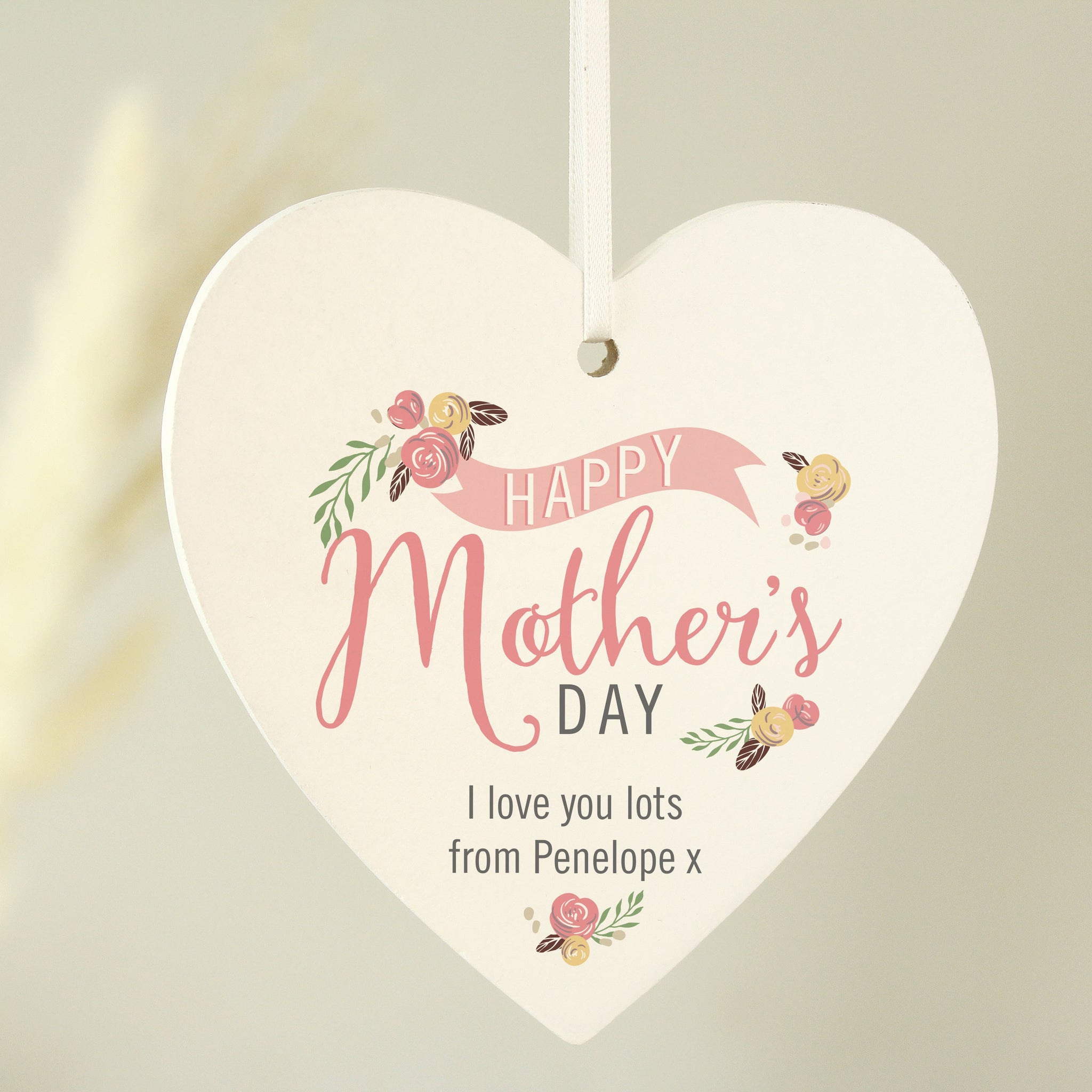 Personalised Floral Bouquet Mother’s Day Wooden Heart Decoration: 1 - Decorations By Gift Moments