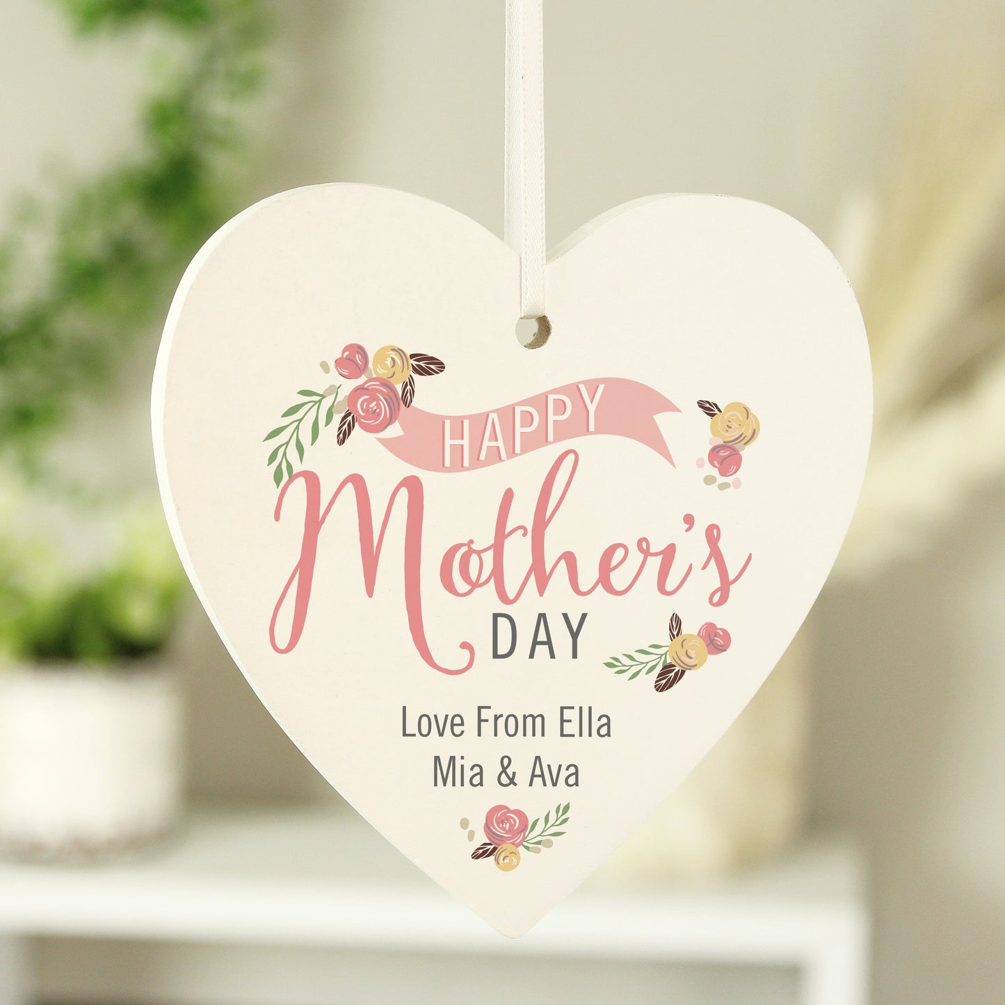 Personalised Floral Bouquet Mother’s Day Wooden Heart Decoration: 2 - Decorations By Gift Moments