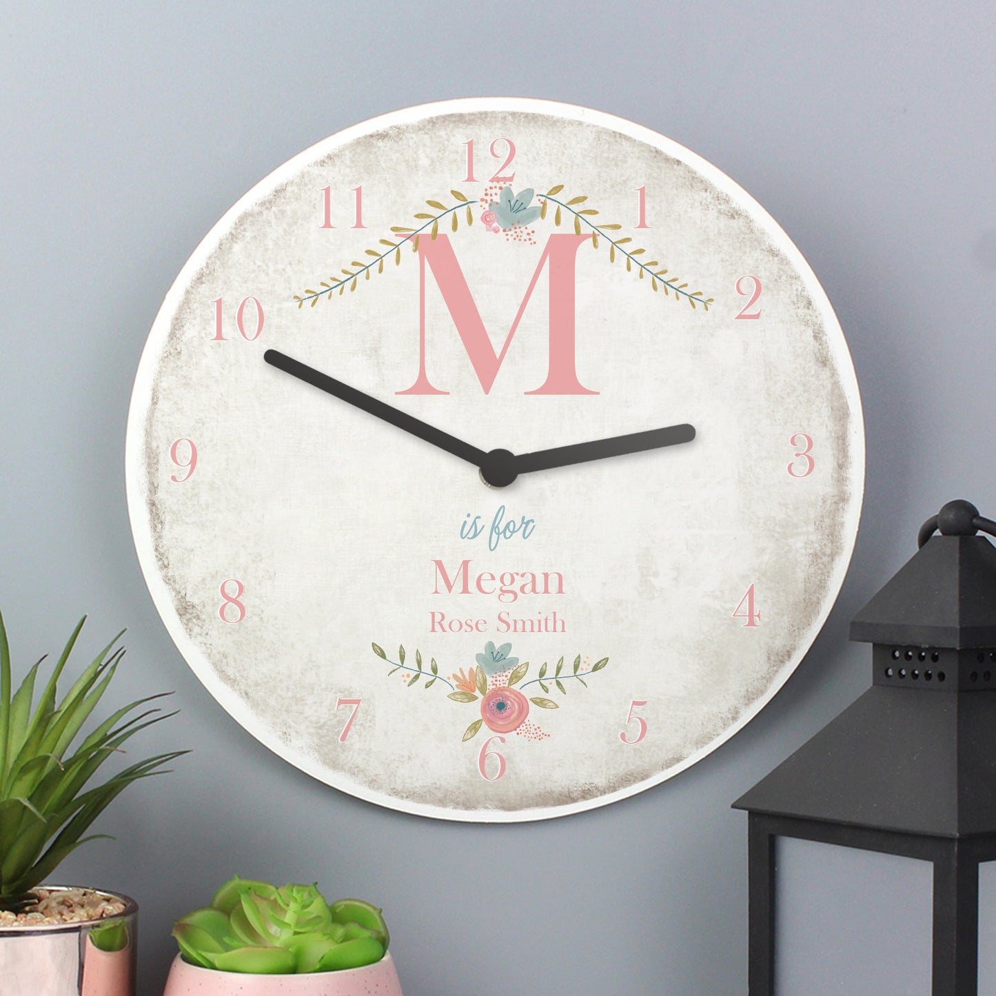 Personalised Floral Bouquet Shabby Chic Large Wooden Clock: 2 - Clocks By Gift Moments