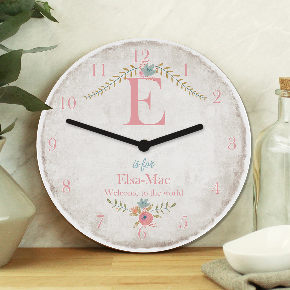 Personalised Floral Bouquet Shabby Chic Large Wooden Clock: 3 - Clocks By Gift Moments