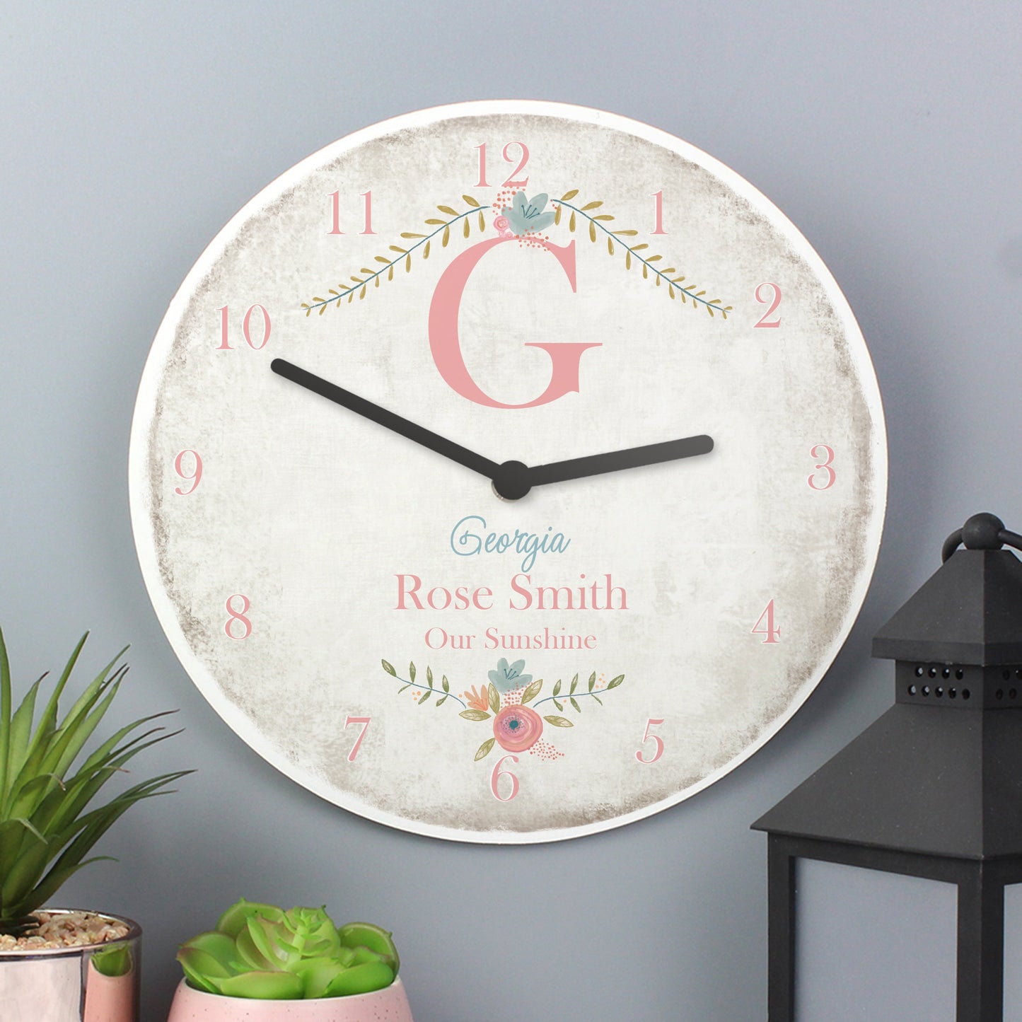 Personalised Floral Bouquet Shabby Chic Large Wooden Clock: 4 - Clocks By Gift Moments