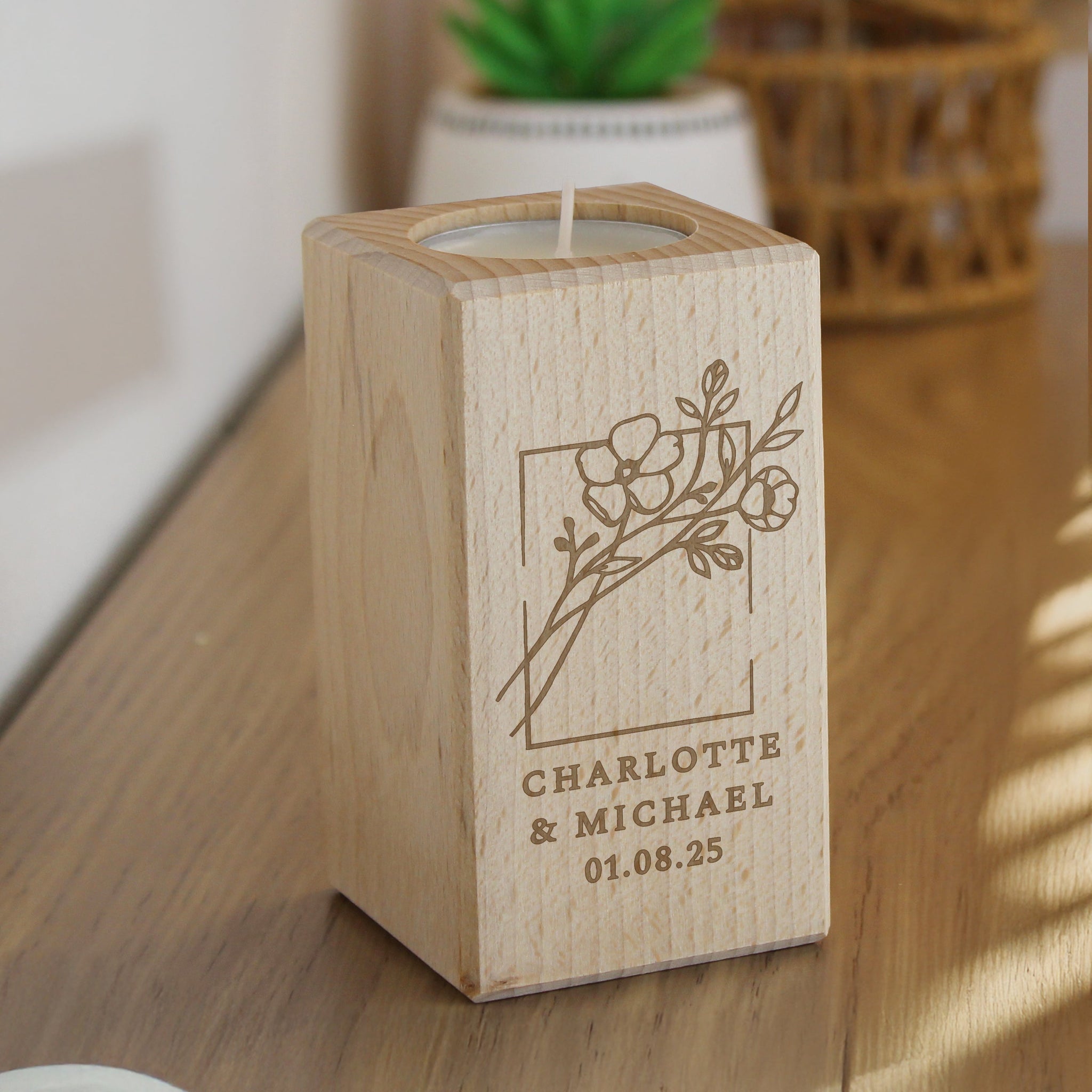 Personalised Floral Bouquet Wooden Tealight Holder: 1 - Candle Holders By Gift Moments