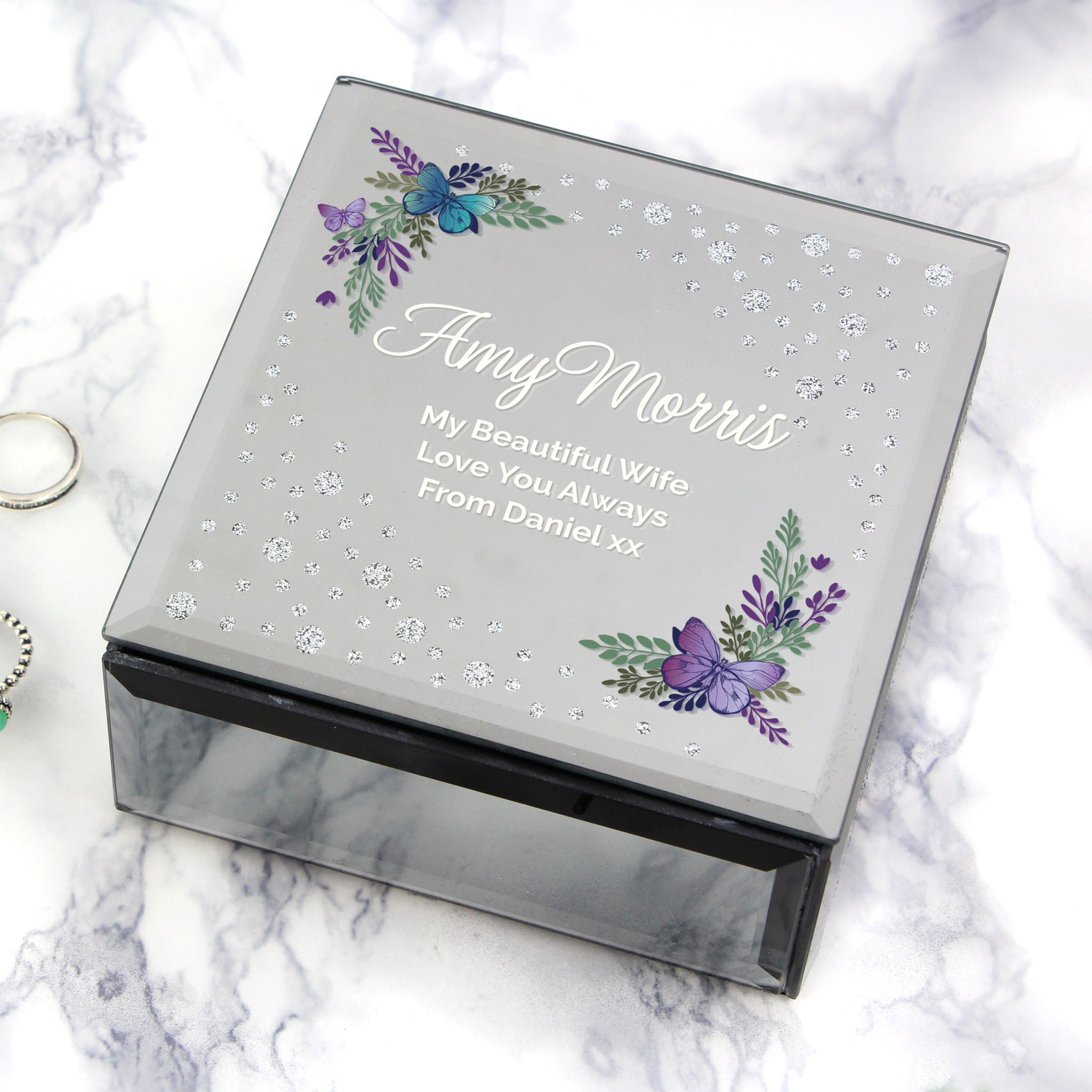 Personalised Floral Butterfly Diamante Glass Trinket Box: 7 - Trinket Boxes By Gift Moments