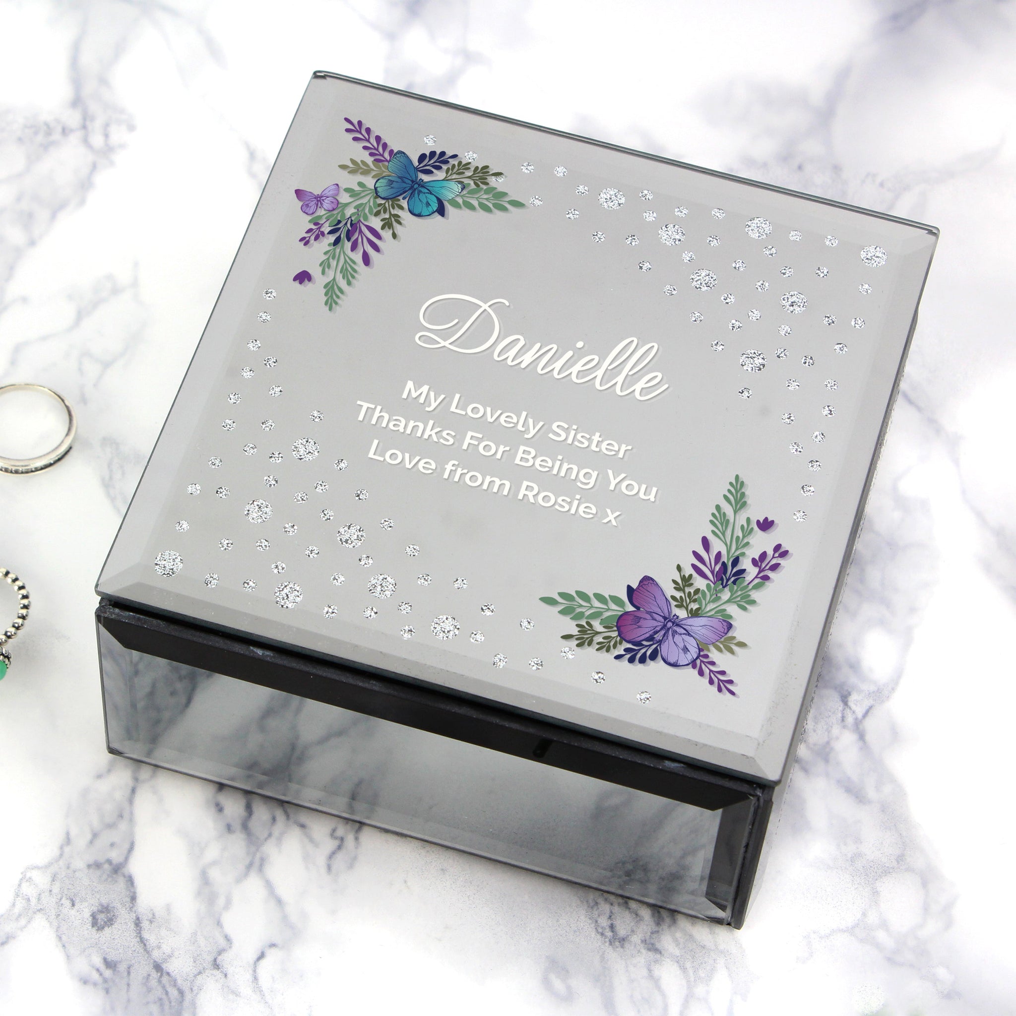 Personalised Floral Butterfly Diamante Glass Trinket Box: 4 - Trinket Boxes By Gift Moments