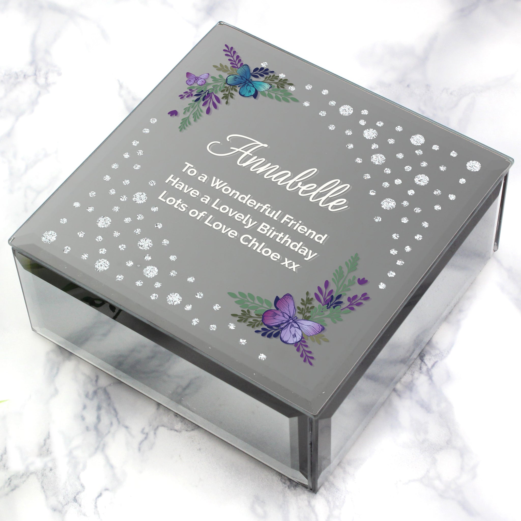Personalised Floral Butterfly Diamante Glass Trinket Box: 2 - Trinket Boxes By Gift Moments