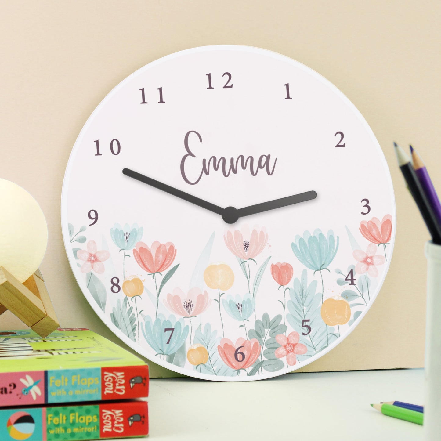 Personalised Floral Children’s Wall Clock: 4 - Clocks By Gift Moments