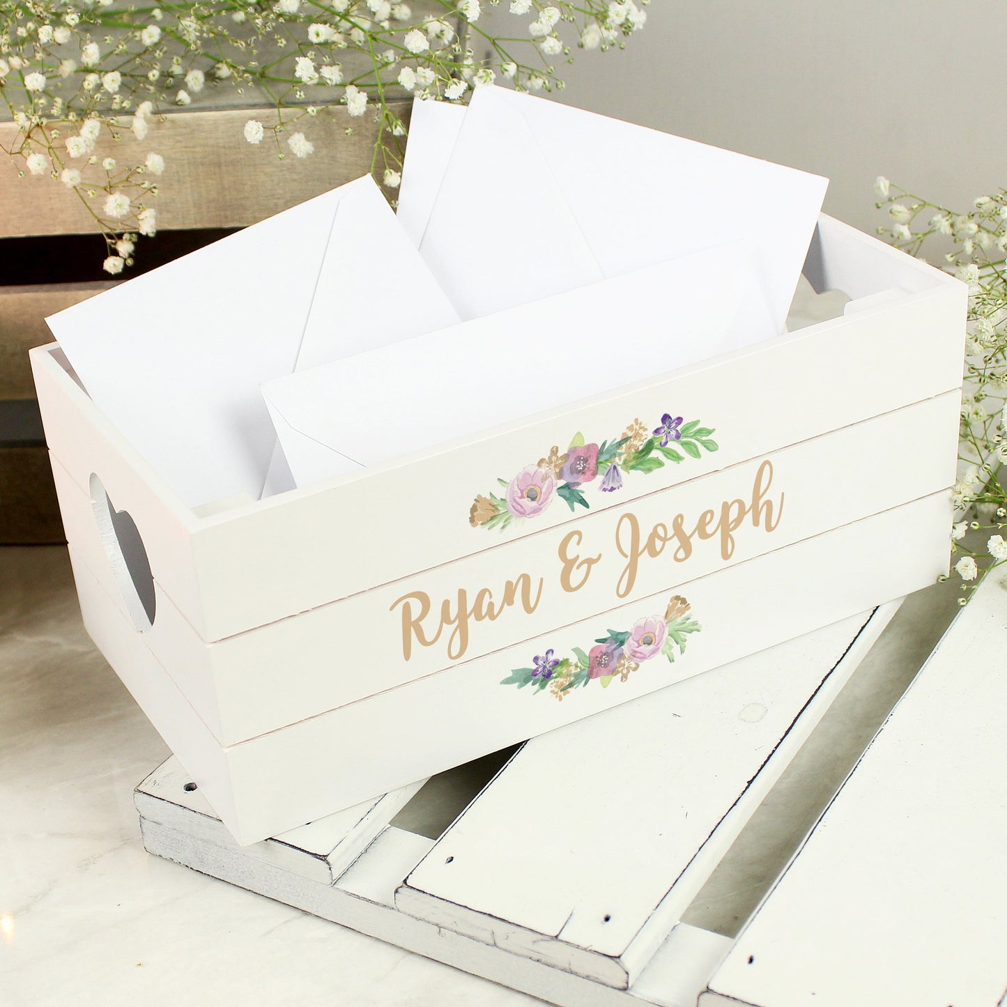 Personalised Floral Couples White Wooden Crate: 2 - Storage By Gift Moments
