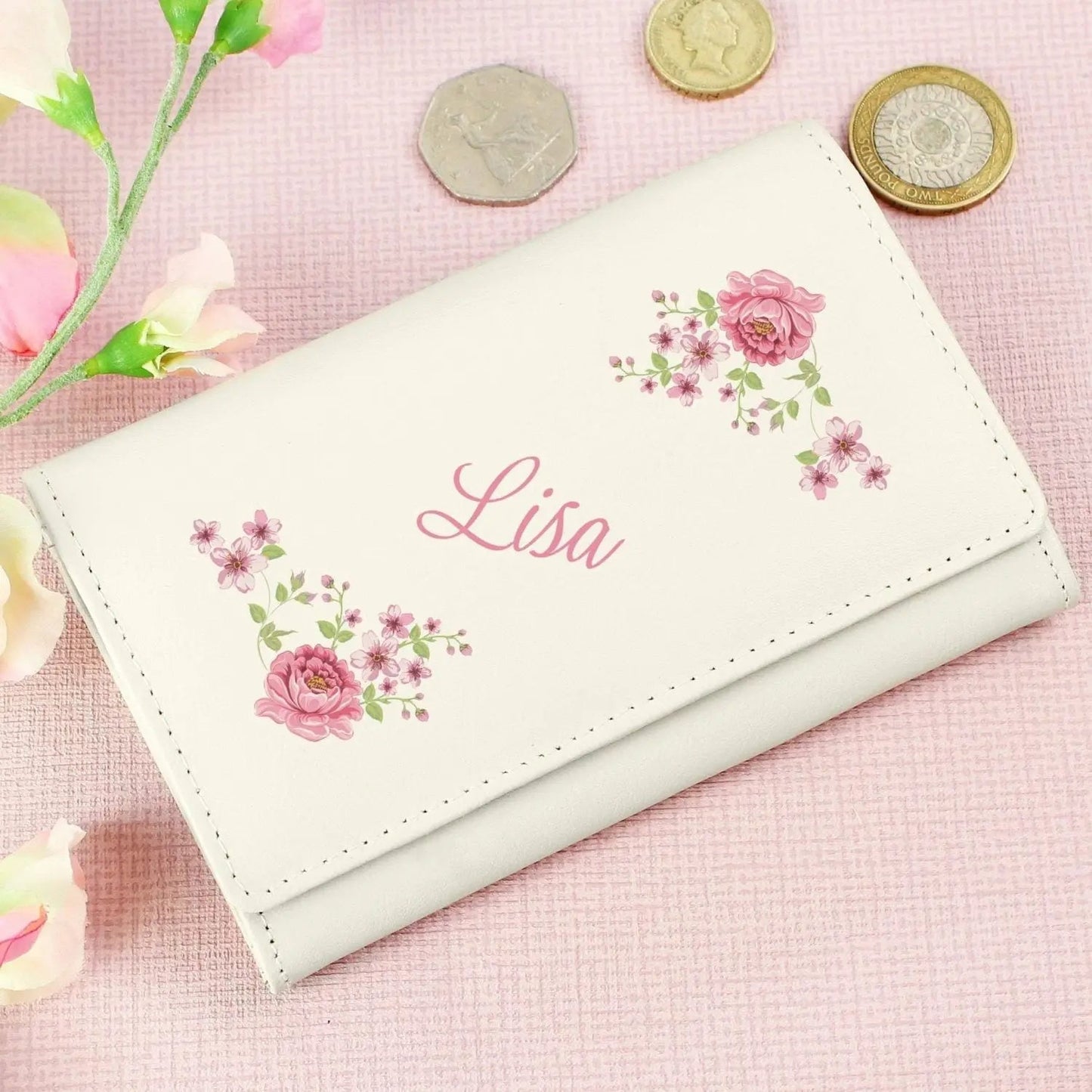 Personalised Floral Cream Leather Purse: 5 - Bags & Purses By Gift Moments