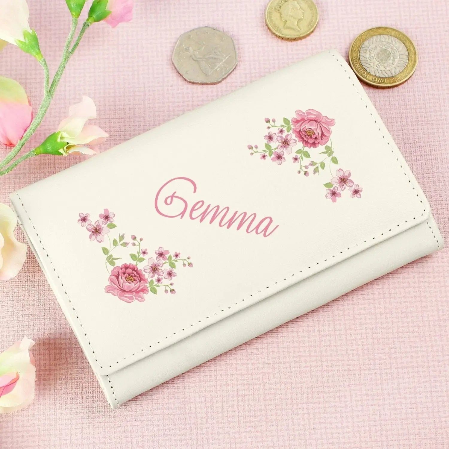 Personalised Floral Cream Leather Purse: 1 - Bags & Purses By Gift Moments