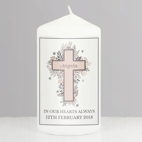 Personalised Floral Cross Pillar Candle: 3 - Candles By Gift Moments