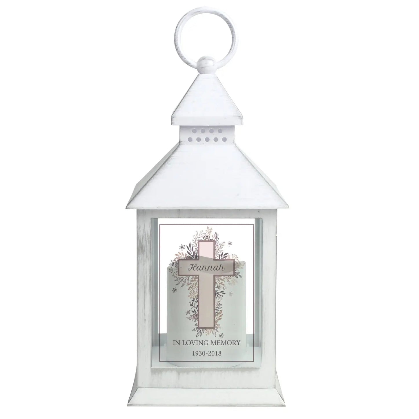 Personalised Floral Cross White Lantern: 4 - LED Lighting By Gift Moments
