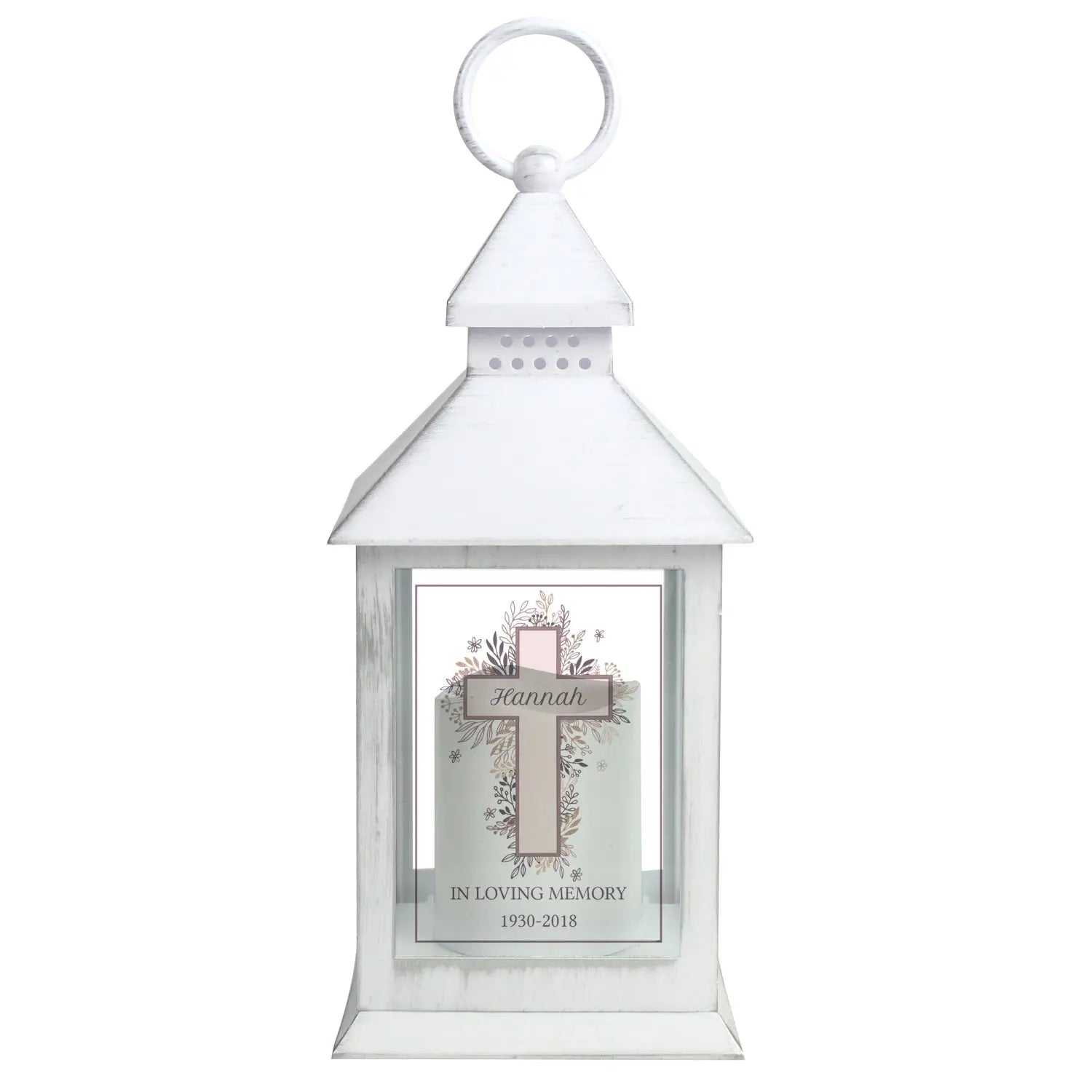 Personalised Floral Cross White Lantern: 4 - LED Lighting By Gift Moments