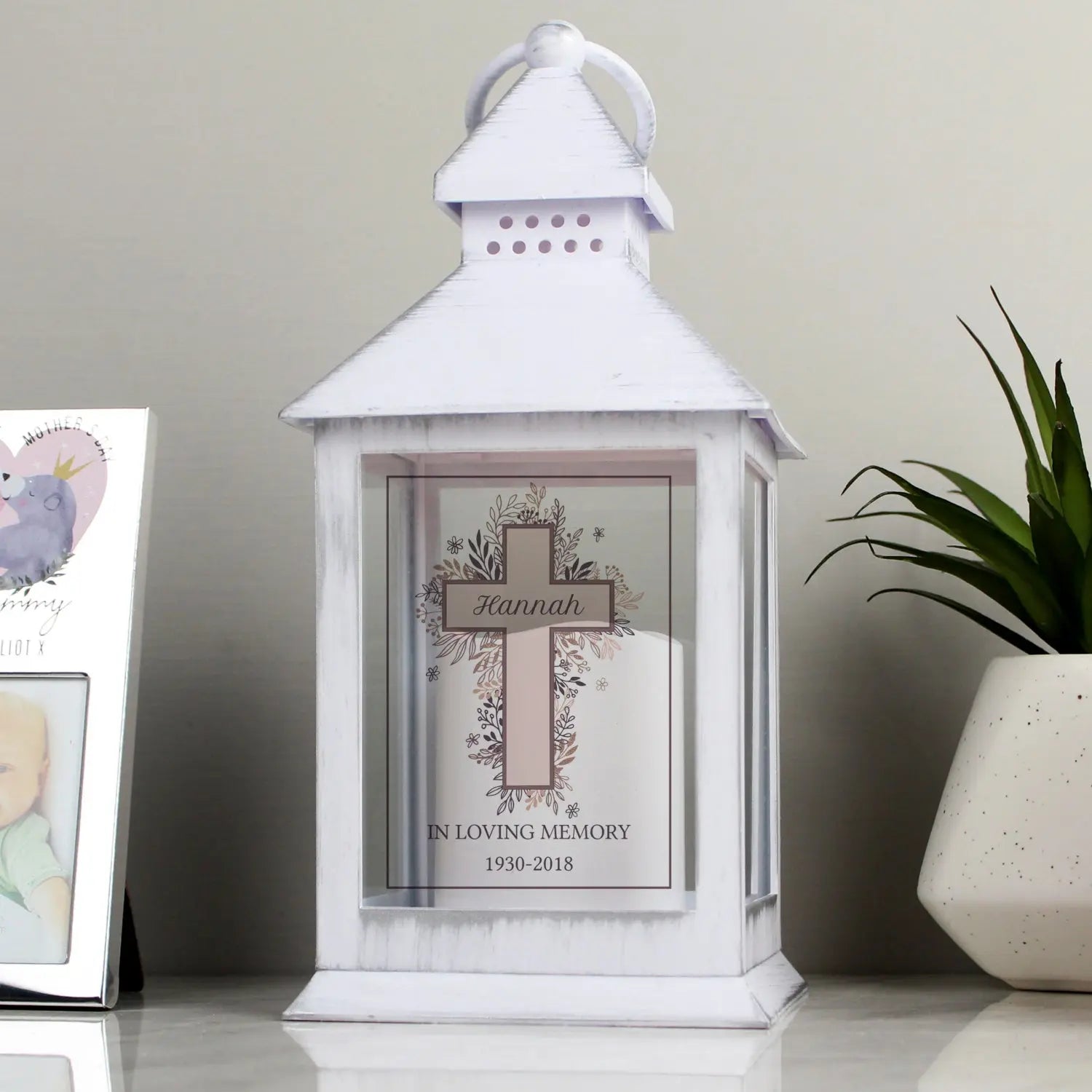 Personalised Floral Cross White Lantern: 1 - LED Lighting By Gift Moments