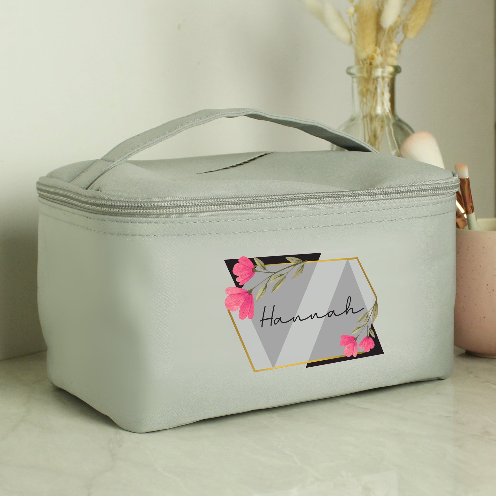 Personalised Floral Grey Toiletry Bag: 3 - Toiletry & Makeup Bags By Gift Moments
