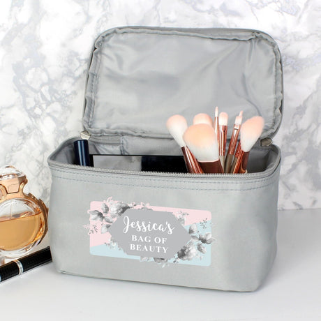 Personalised Floral Grey Toiletry Bag: 1 - Toiletry & Makeup Bags By Gift Moments