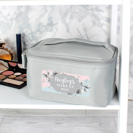 Personalised Floral Grey Toiletry Bag: 3 - Toiletry & Makeup Bags By Gift Moments