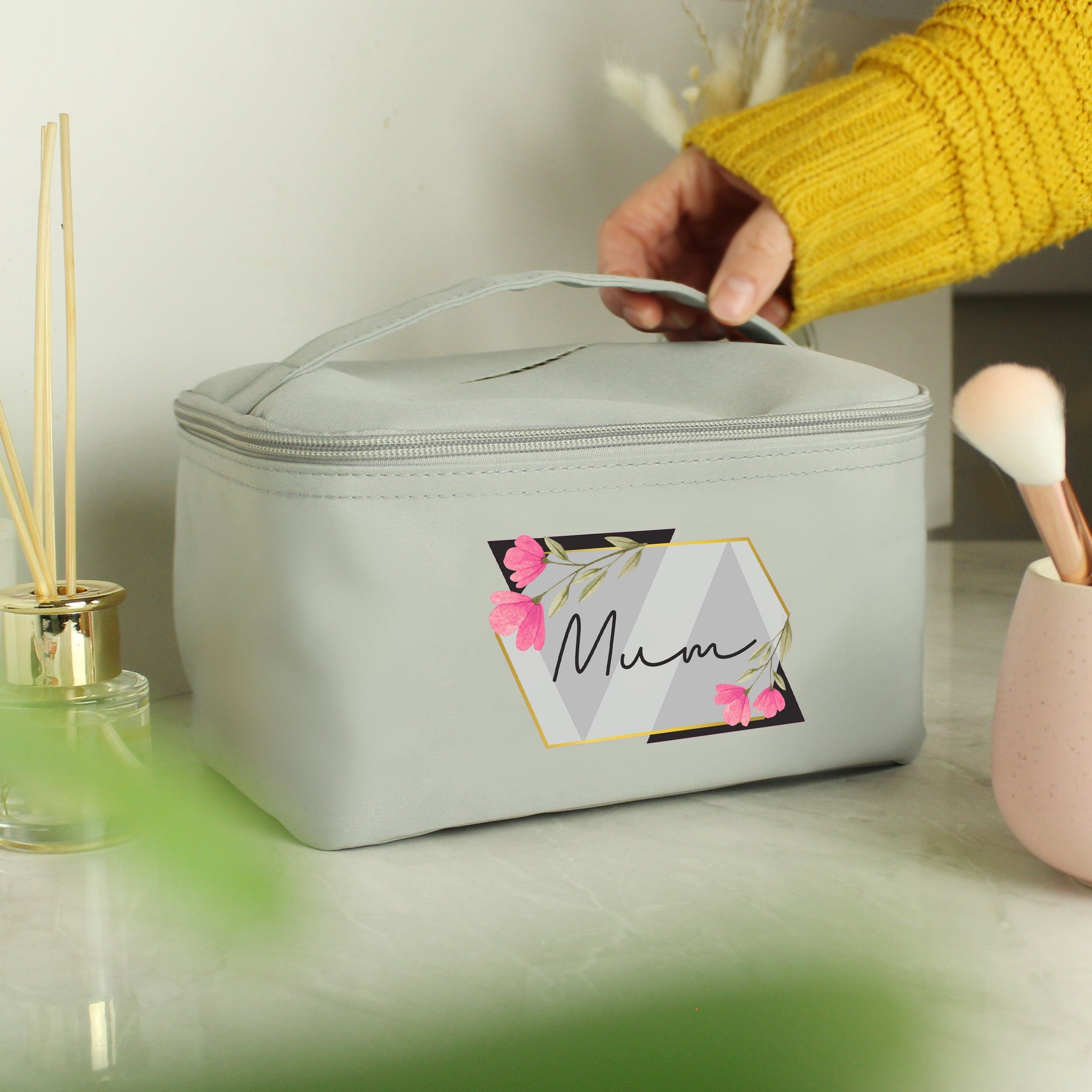 Personalised Floral Grey Toiletry Bag: 4 - Toiletry & Makeup Bags By Gift Moments