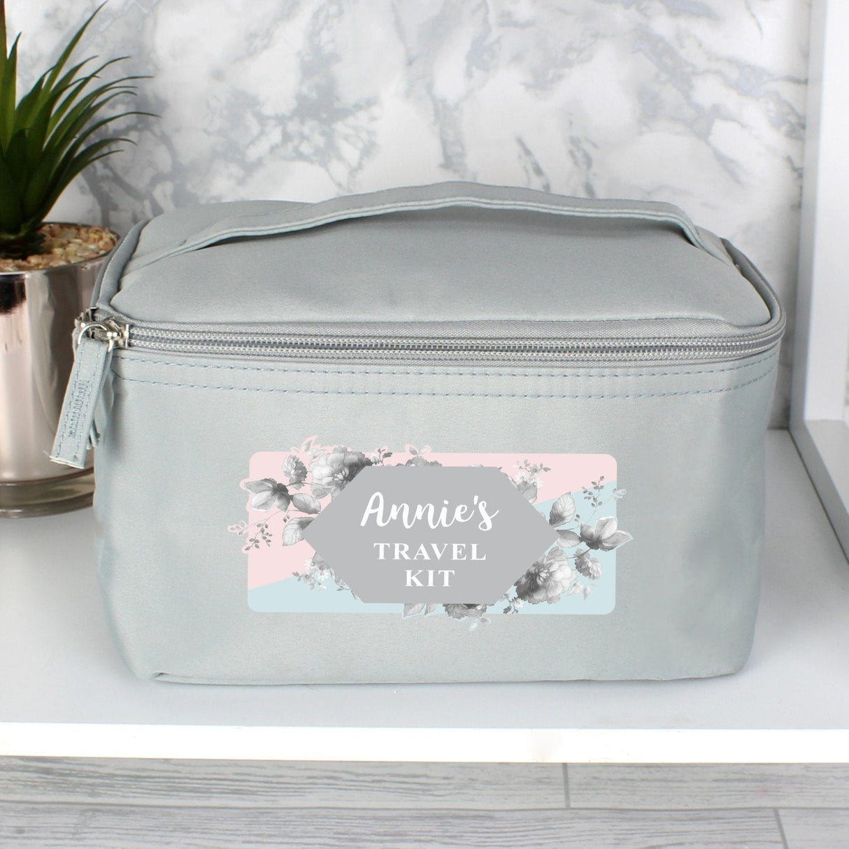 Personalised Floral Grey Toiletry Bag: 2 - Toiletry & Makeup Bags By Gift Moments