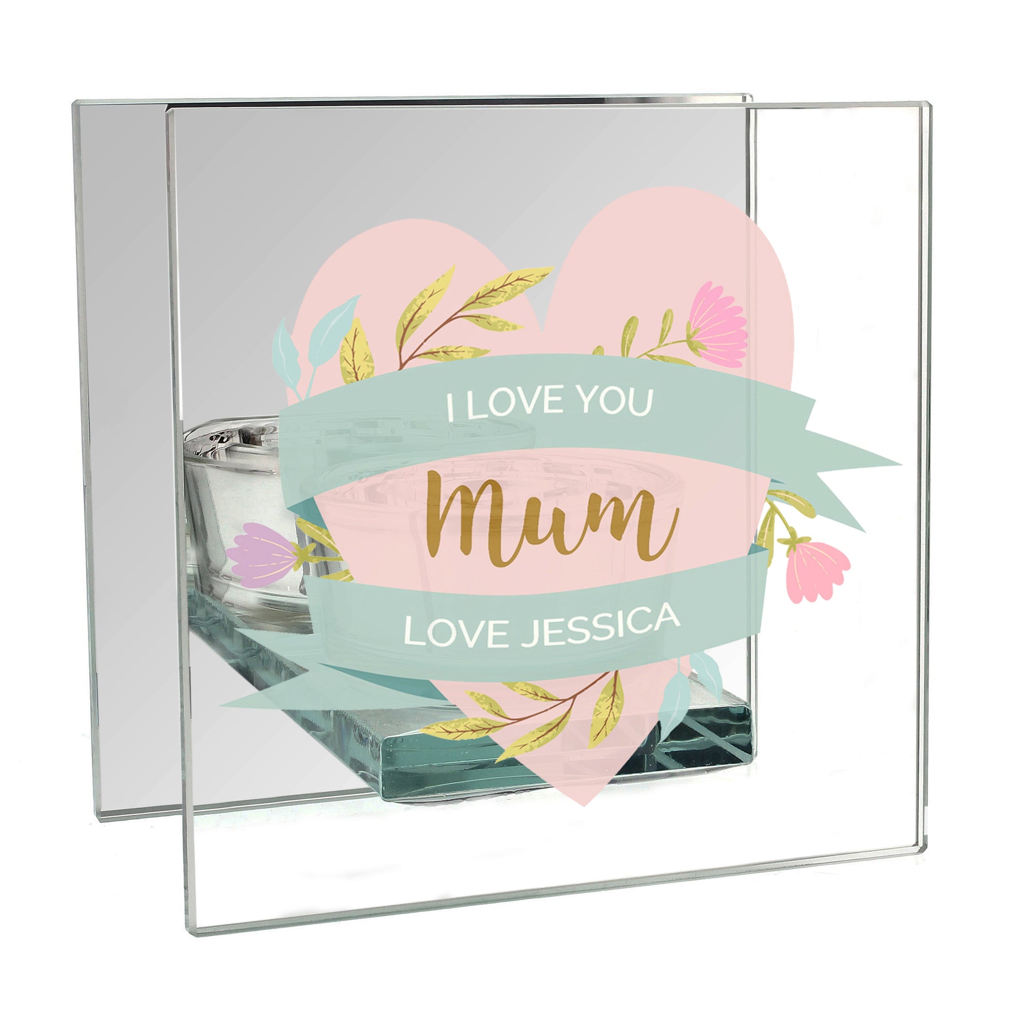 Personalised Floral Heart Mothers Day Mirrored Glass Tea Light Holder: 2 - Candle Holders By Gift Moments