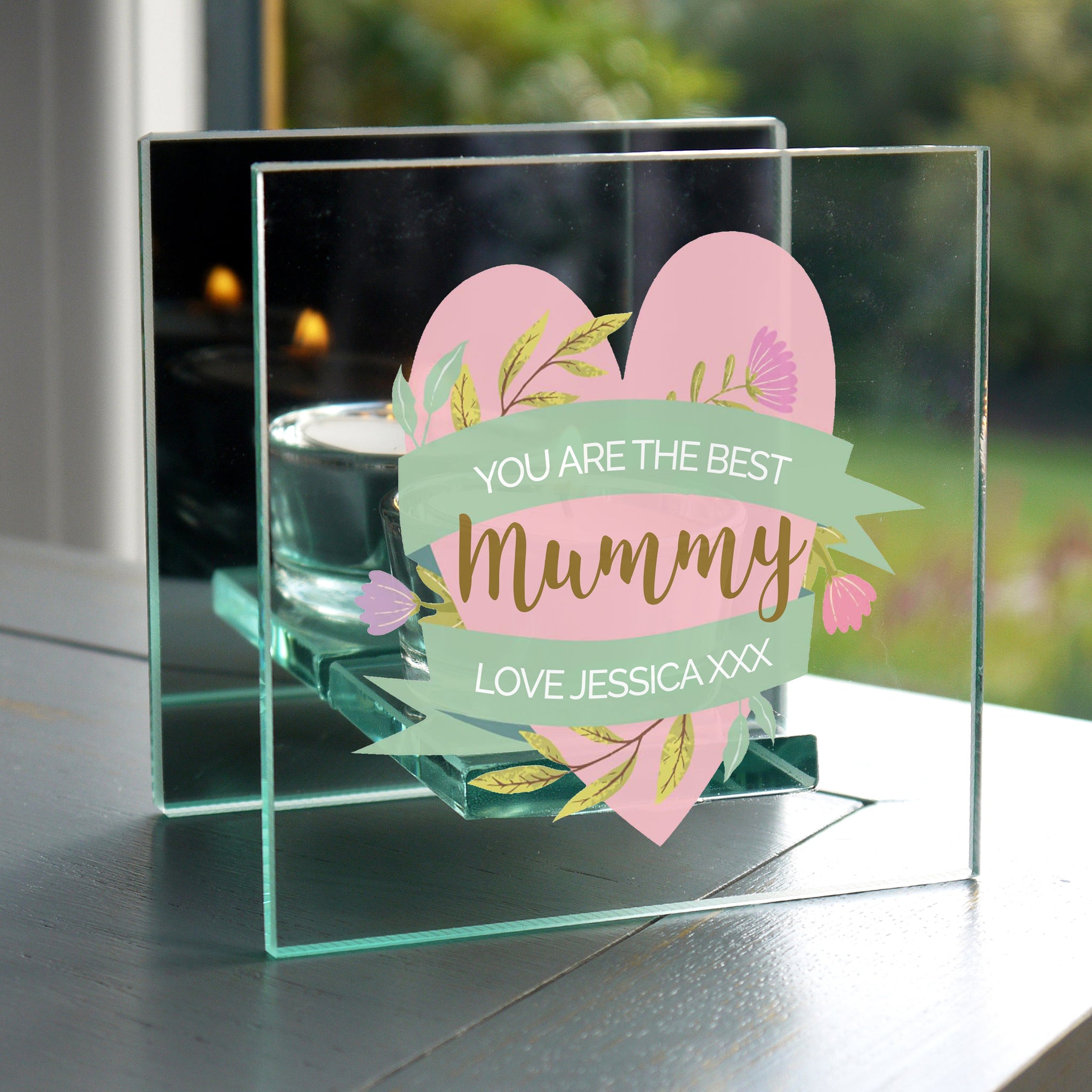 Personalised Floral Heart Mothers Day Mirrored Glass Tea Light Holder: 1 - Candle Holders By Gift Moments