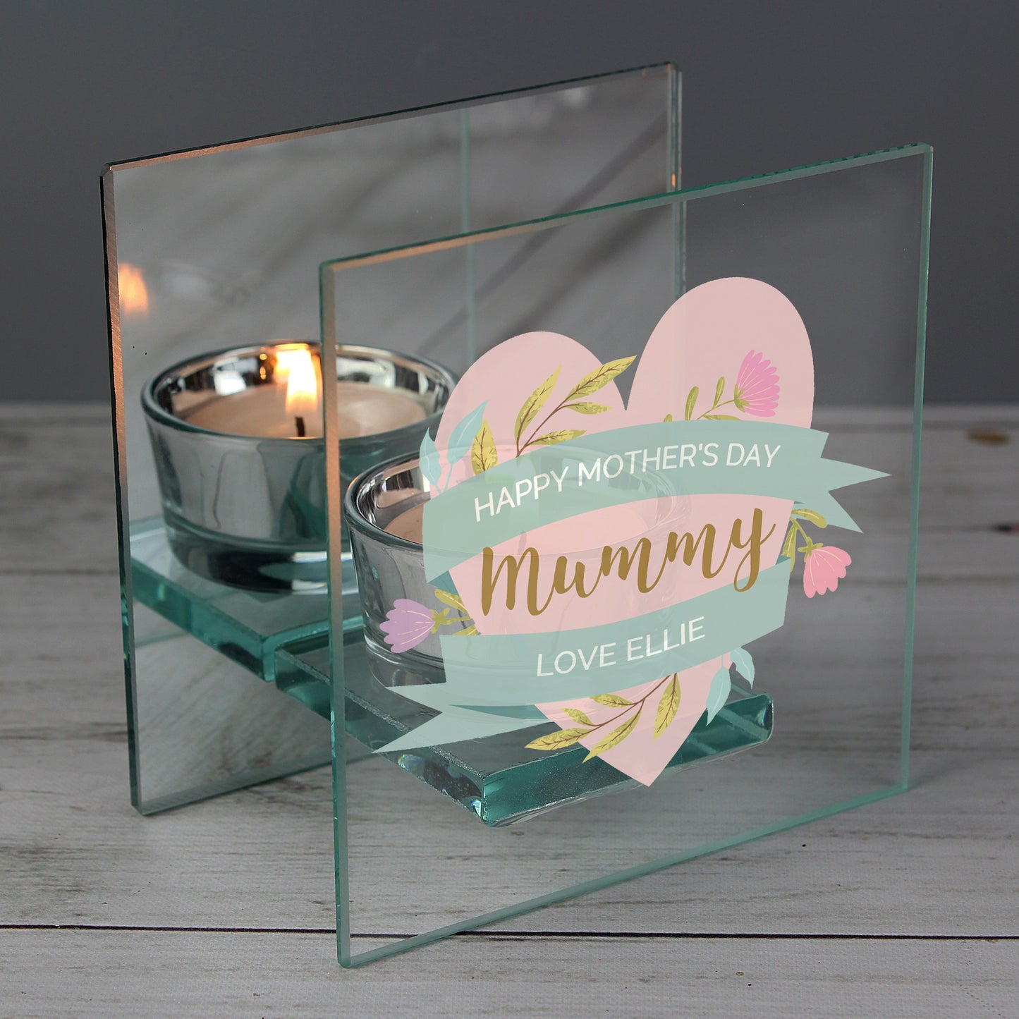 Personalised Floral Heart Mothers Day Mirrored Glass Tea Light Holder: 3 - Candle Holders By Gift Moments