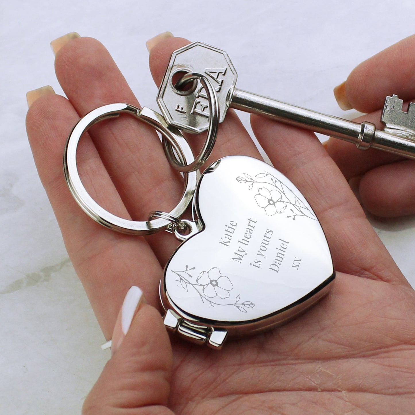 Personalised Floral Heart Photo Frame Keyring: 7 - Keyrings By Gift Moments