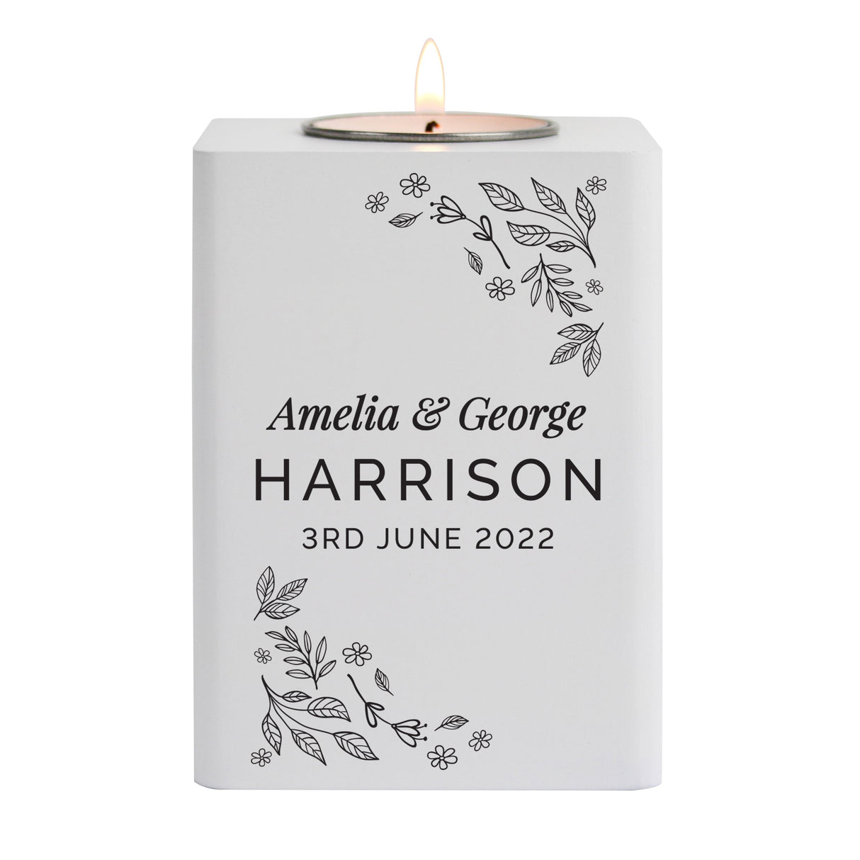 Personalised Floral Leaf White Wooden Tea Light Holder: 5 - Candle Holders By Gift Moments
