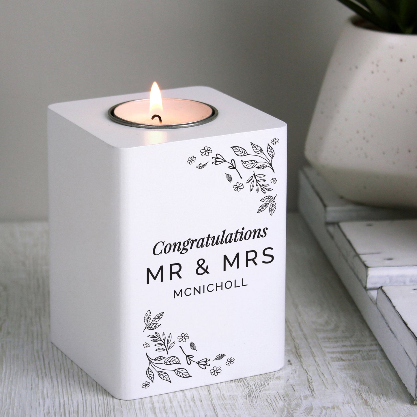 Personalised Floral Leaf White Wooden Tea Light Holder: 2 - Candle Holders By Gift Moments
