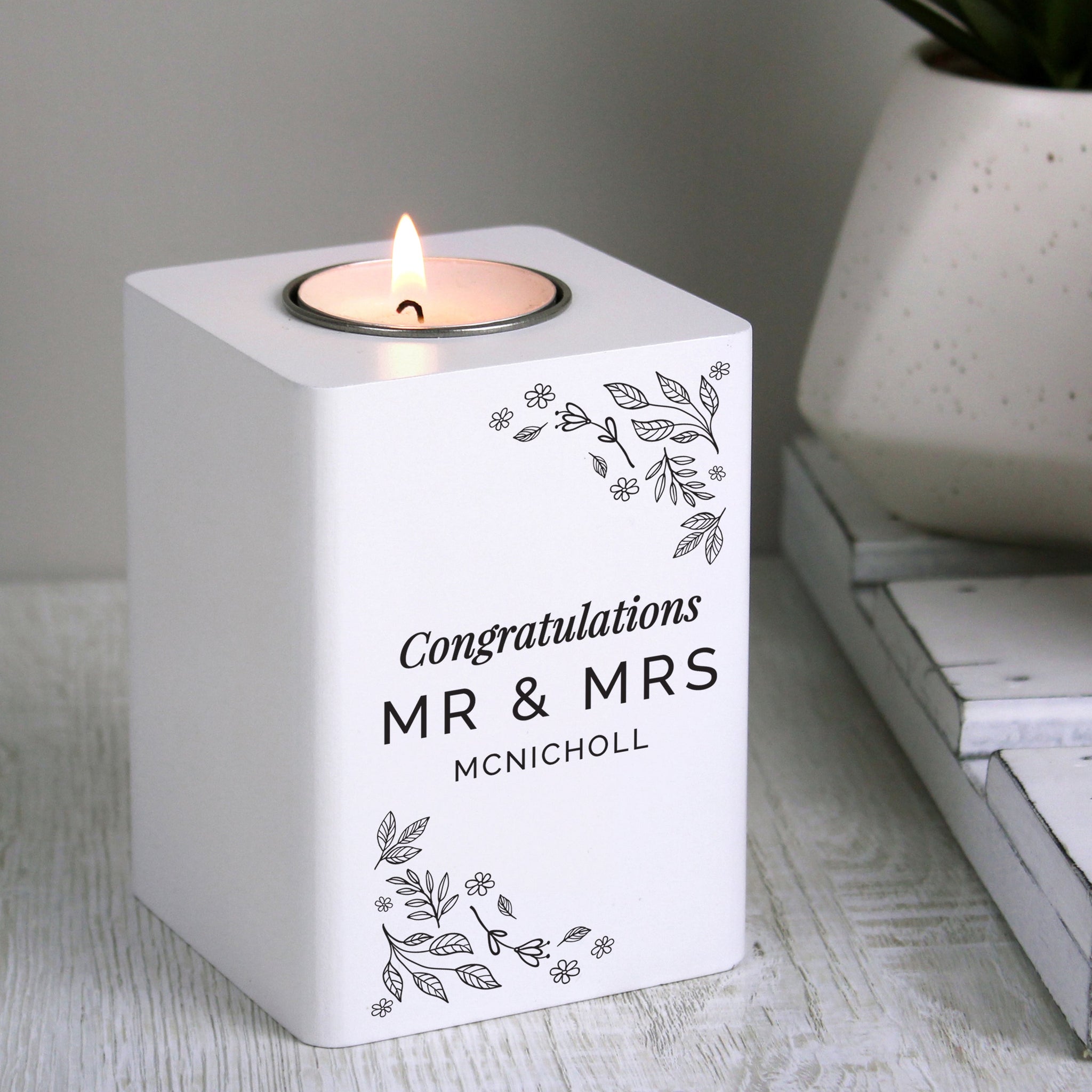 Personalised Floral Leaf White Wooden Tea Light Holder: 2 - Candle Holders By Gift Moments