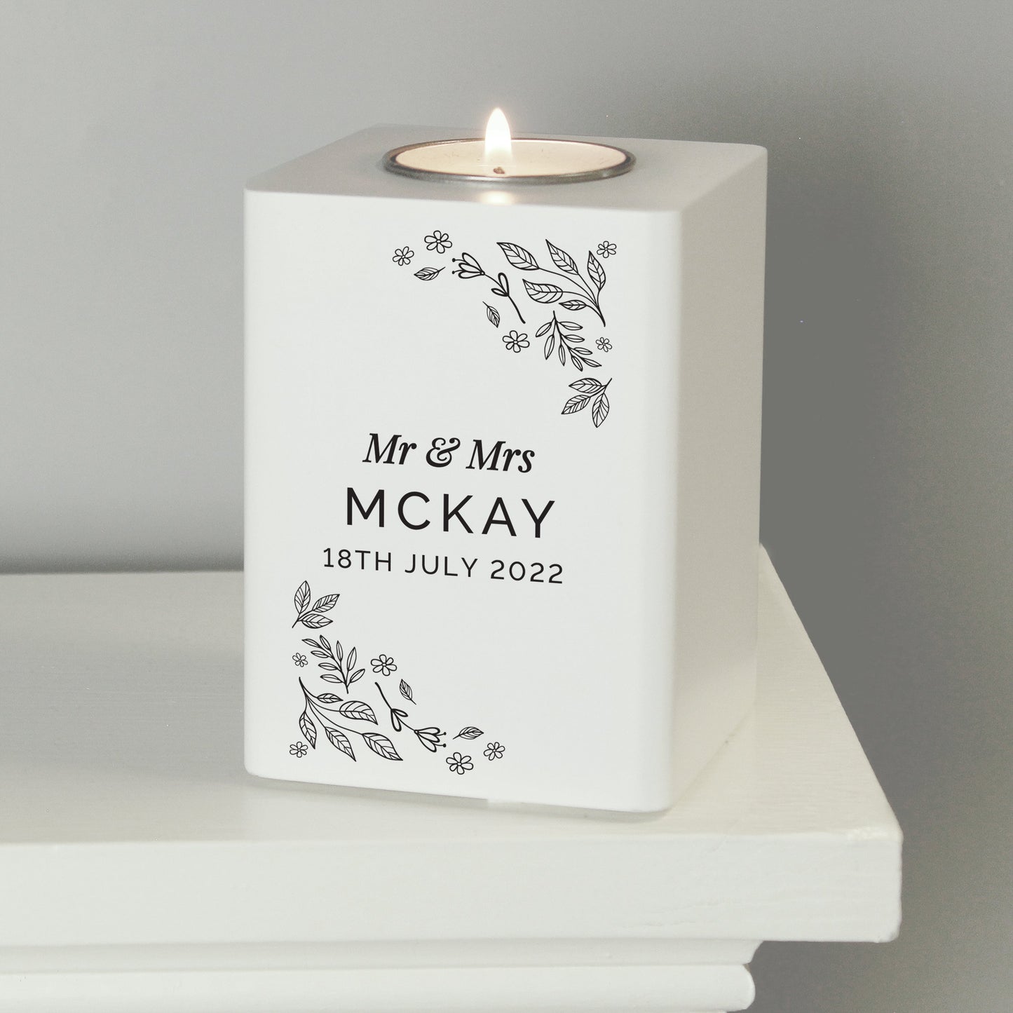 Personalised Floral Leaf White Wooden Tea Light Holder: 4 - Candle Holders By Gift Moments