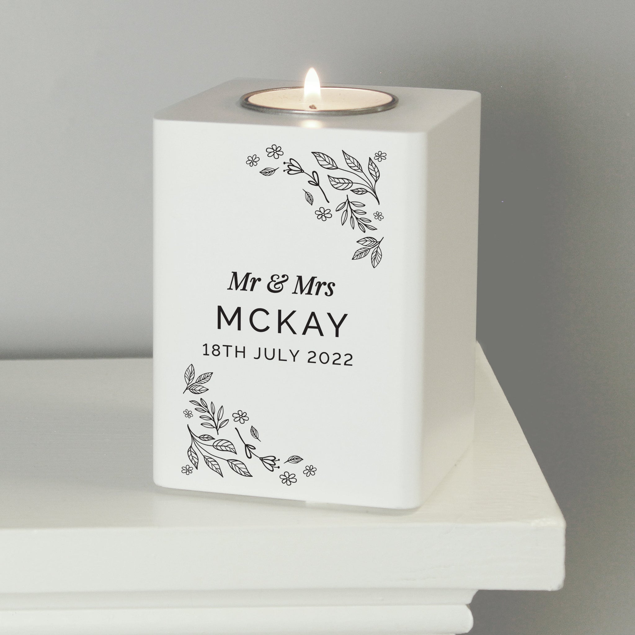 Personalised Floral Leaf White Wooden Tea Light Holder: 4 - Candle Holders By Gift Moments