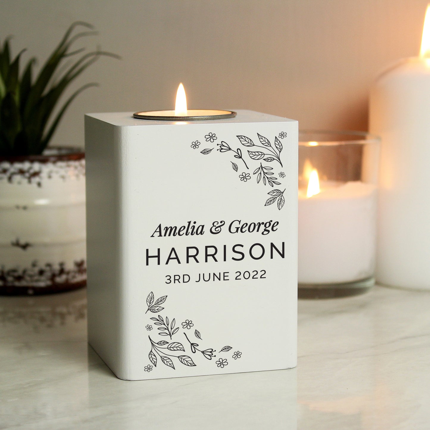 Personalised Floral Leaf White Wooden Tea Light Holder: 1 - Candle Holders By Gift Moments